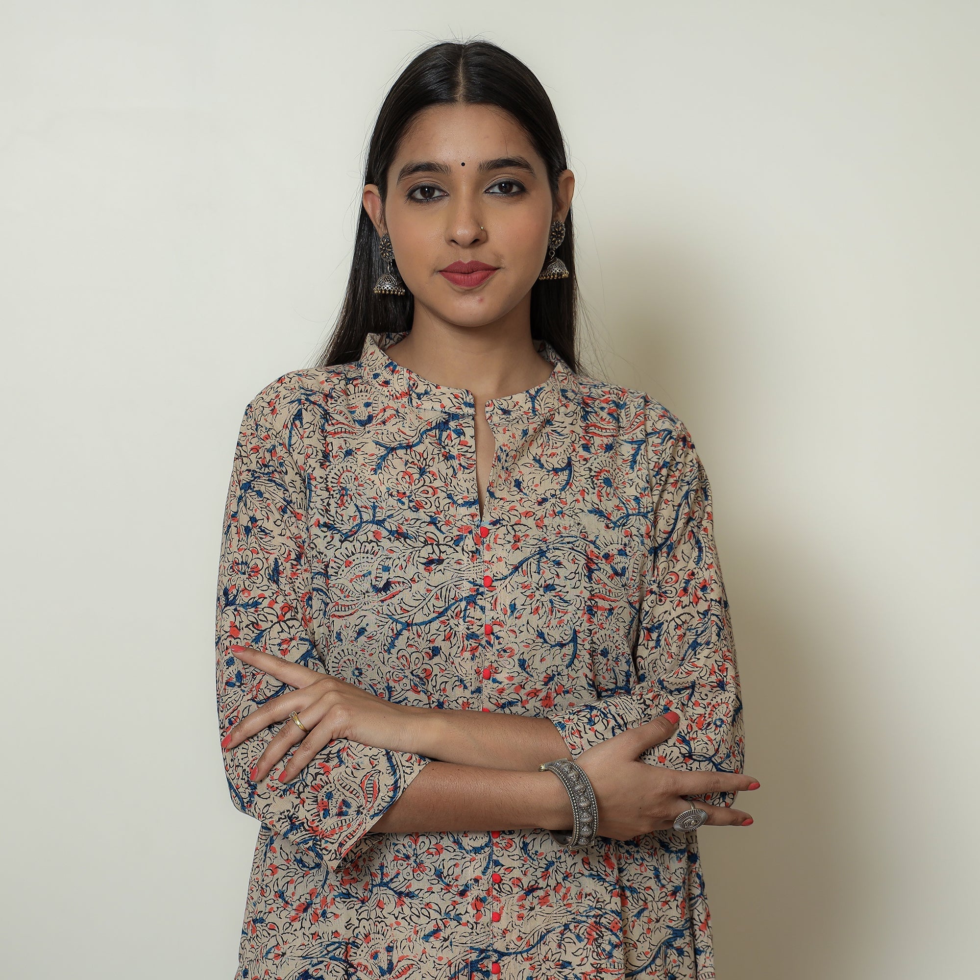 ITOKRI CASUALS Beige - Hand Block Print Cotton A-Line Kalamkari Kurta 21