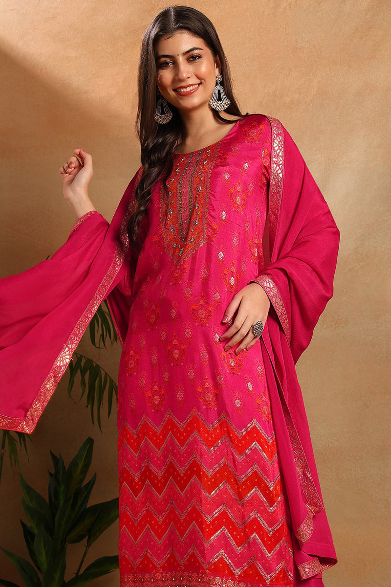 Ahika Pink Silk Ethnic Motifs Woven Design Straight Trouser Suit Set PKSKD2658 - view 4