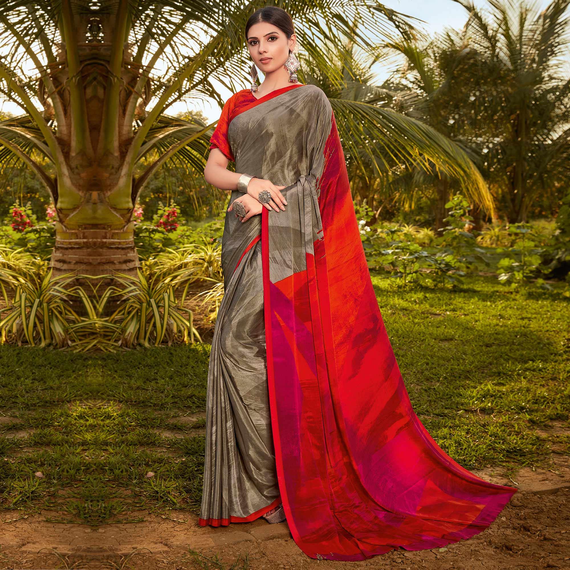 Peachmode Brown Casual Wear Printed Crepe Saree