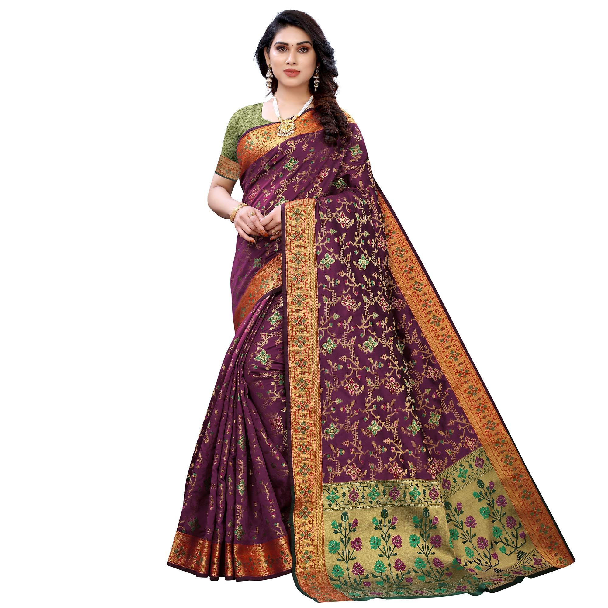 Peachmode Intricate Purple Colored Festive Wear Woven Silk Saree
