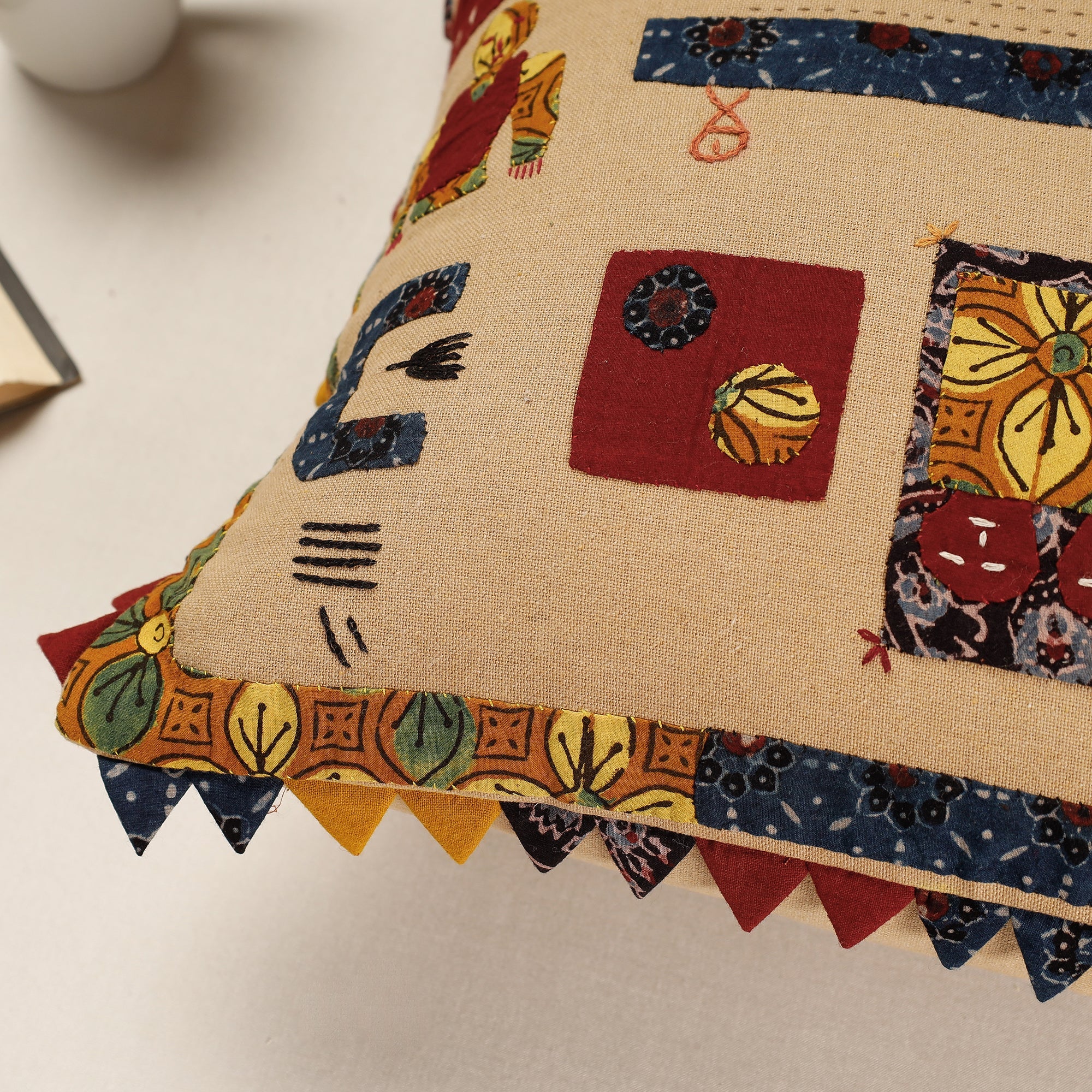 Beige - Kala Raksha Applique Cutwork Cotton Cushion Cover (16 x 16 in) - view 2
