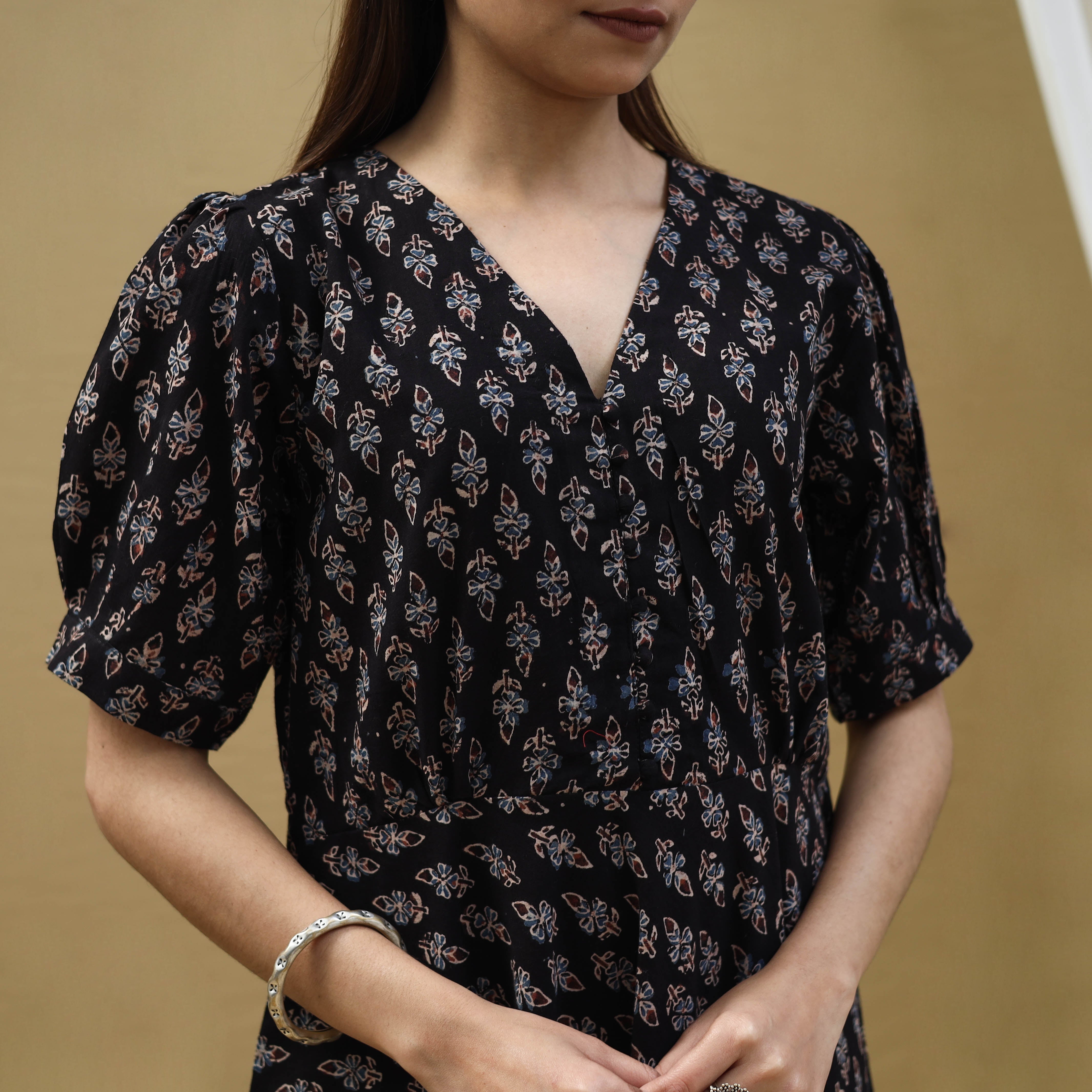 ITOKRI CASUALS Black - Block Print Cotton Flared Ajrakh Dress 05 - view 4