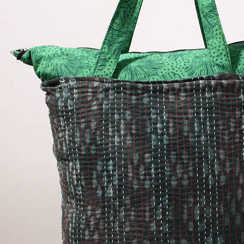 ARTISAN HAND BLOCK PRINTS Black - Kantha Work Block Print Cotton Shopping Bag - view 2
