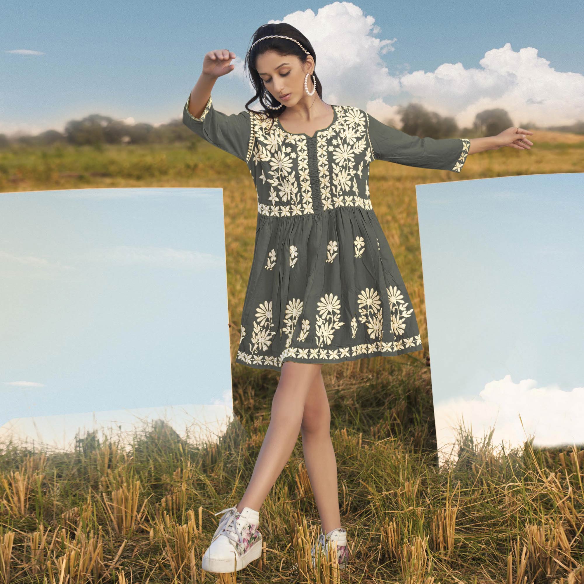 BlackTree grey-floral-embroidered-rayon-tunic-1 - view 2