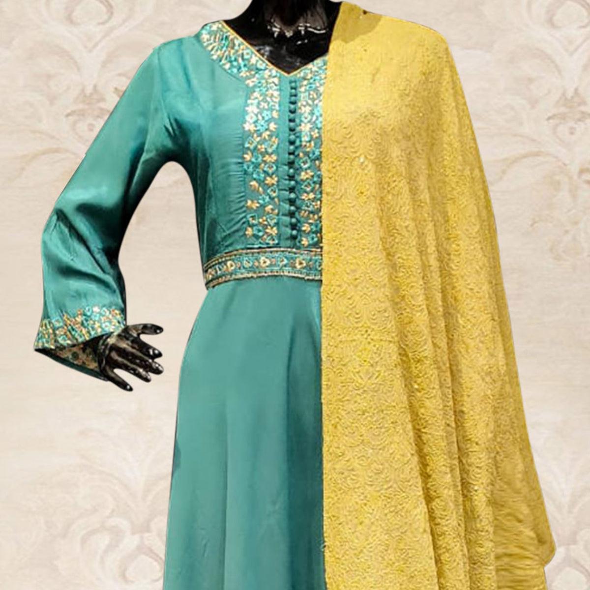 Peachmode Classy Teal Blue Colored Partywear Embroidered Tapetta Silk Kurti With Dupatta - view 2