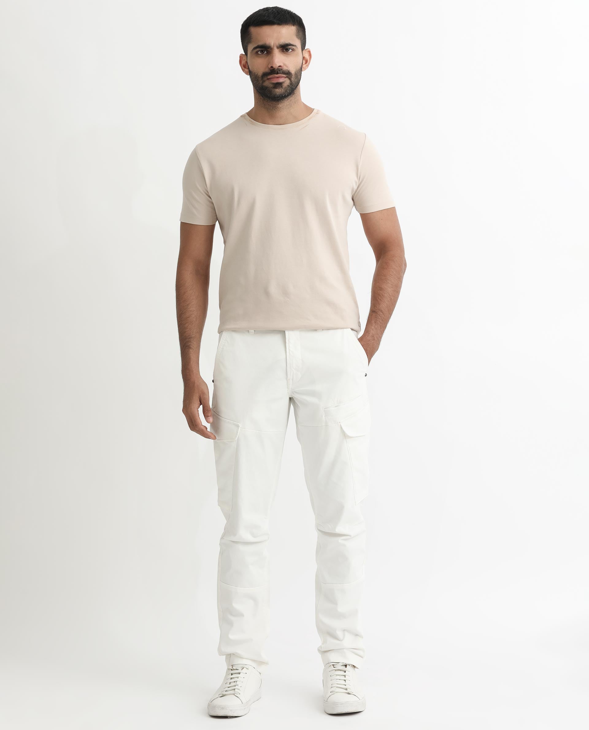 Rare Rabbit Men's Cidar White Mid-Rise Regular Fit Cargo Style Stretch Trouser - view 5