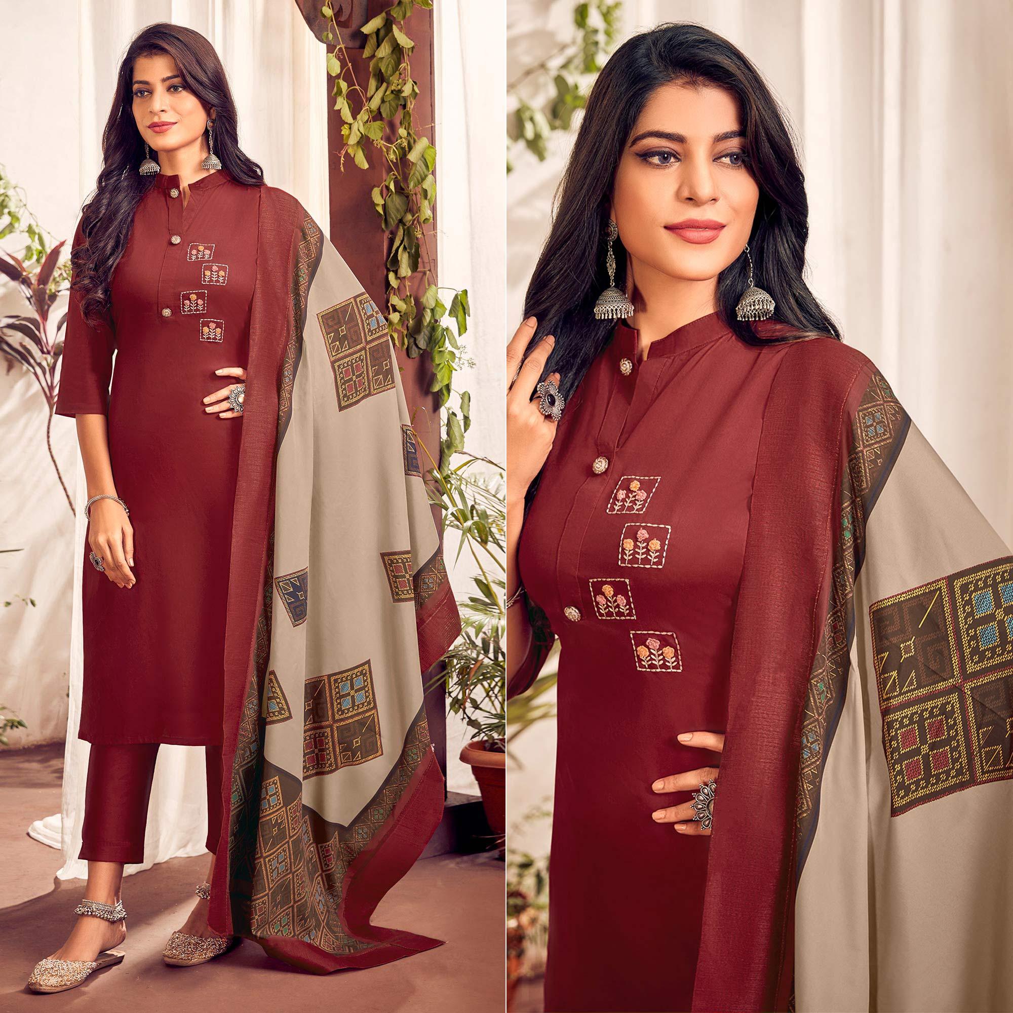Peachmode Seller Maroon Party Wear Embroidered Cotton Kurti Pant Set With Dupatta