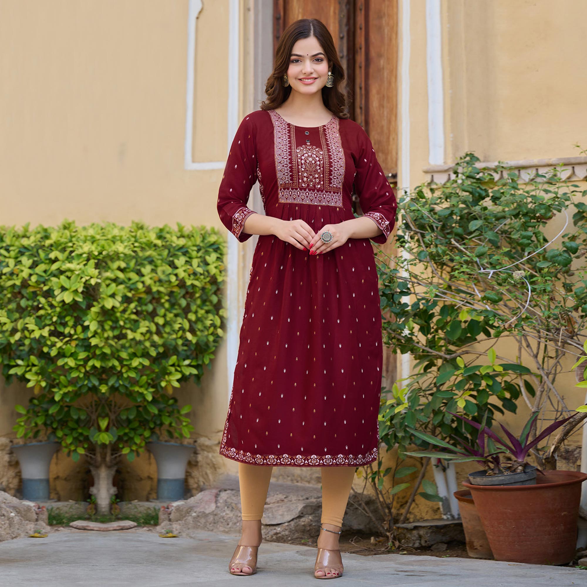 Peachmode Seller Maroon Printed Rayon Naira Cut Kurti - view 2