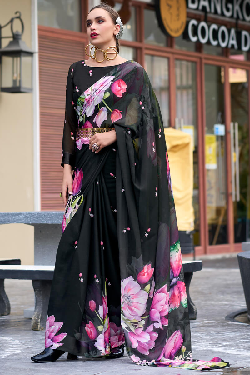 Rajpath Bewitching Black Digital Printed Georgette Saree With Majestic Blouse Piece