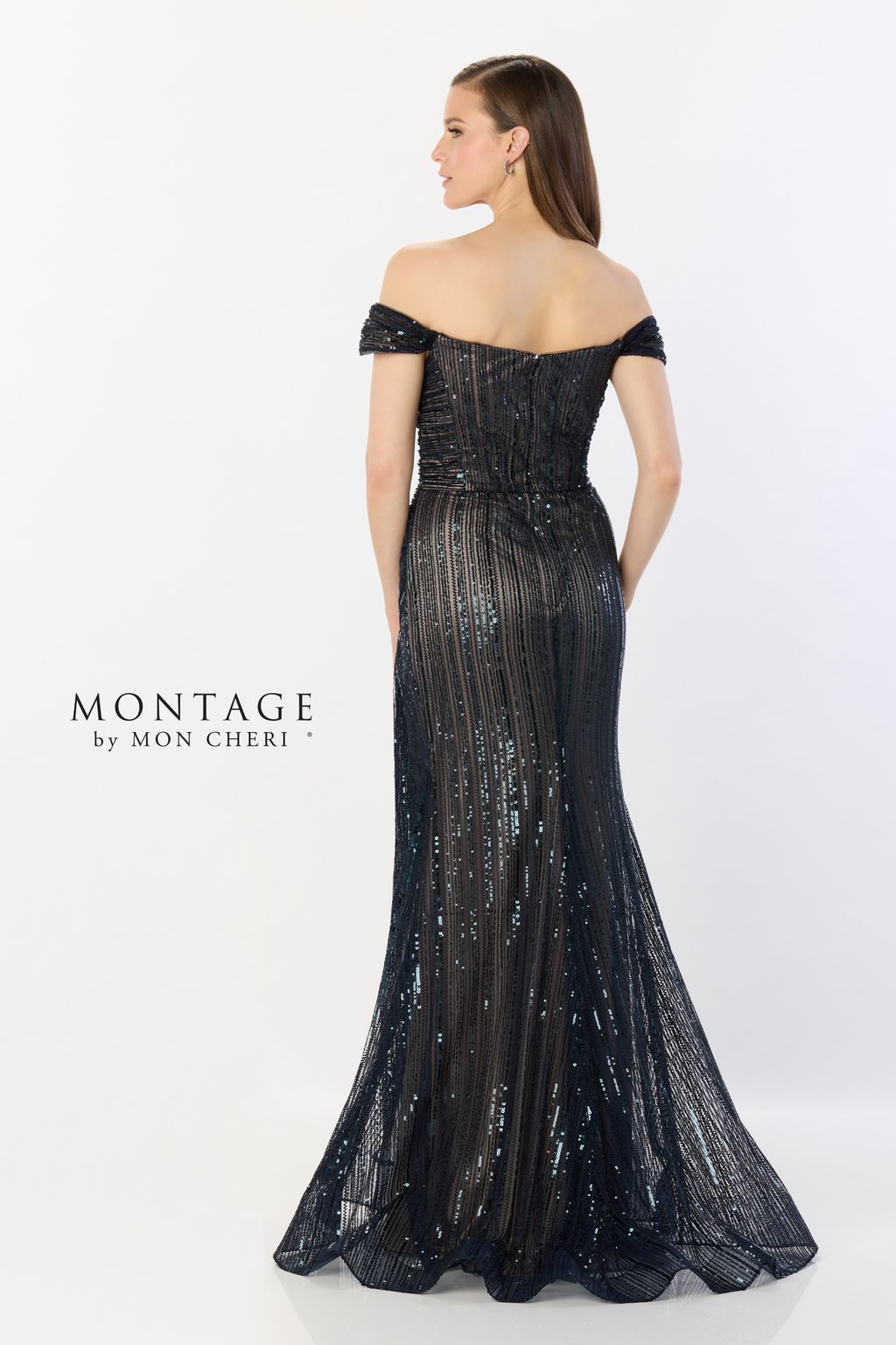 Montage M2240 Sequin Long Split Formal Dress – Navy/Nude - view 2