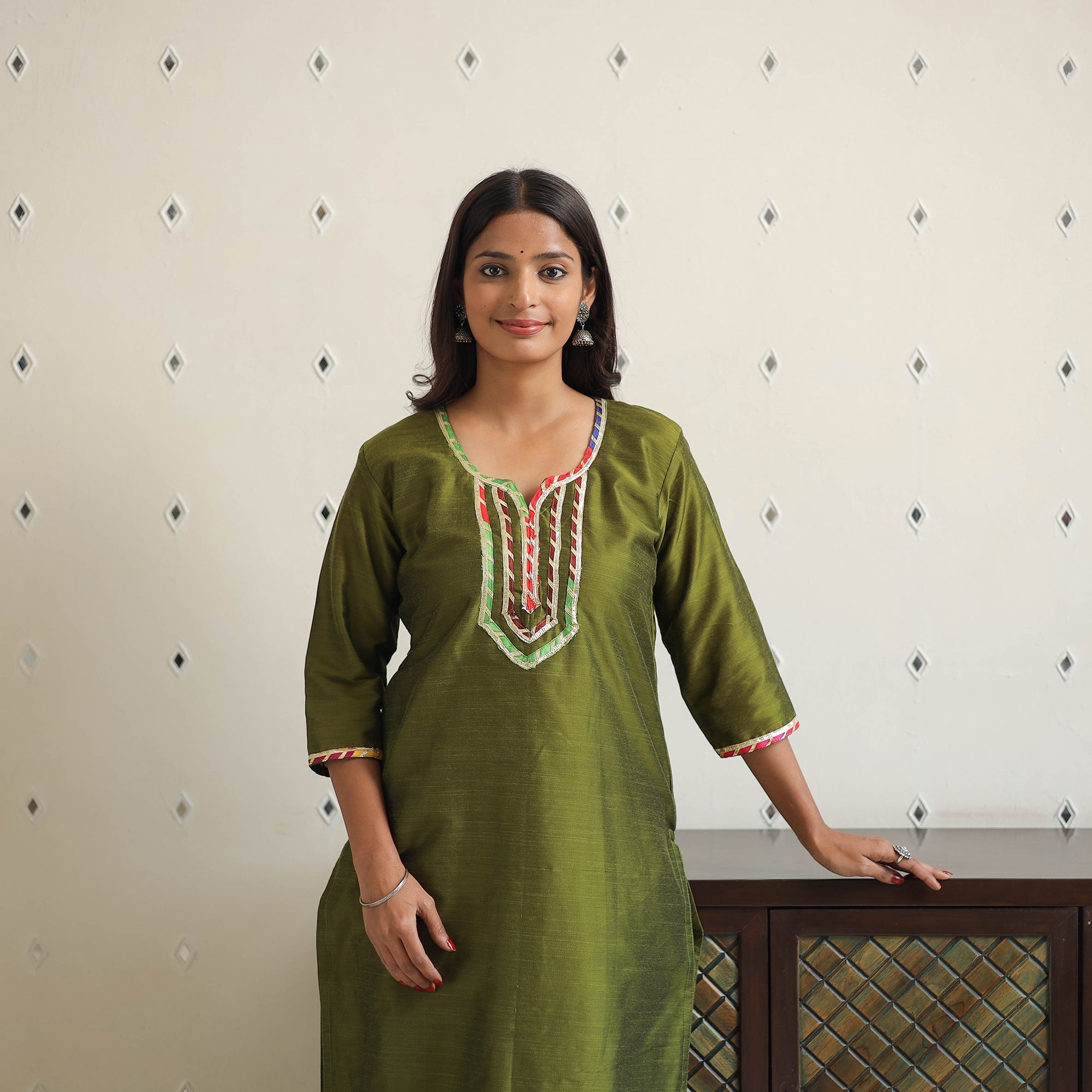 ITOKRI CASUALS Ananya Green Gota Work Slub Silk Plain Kurta