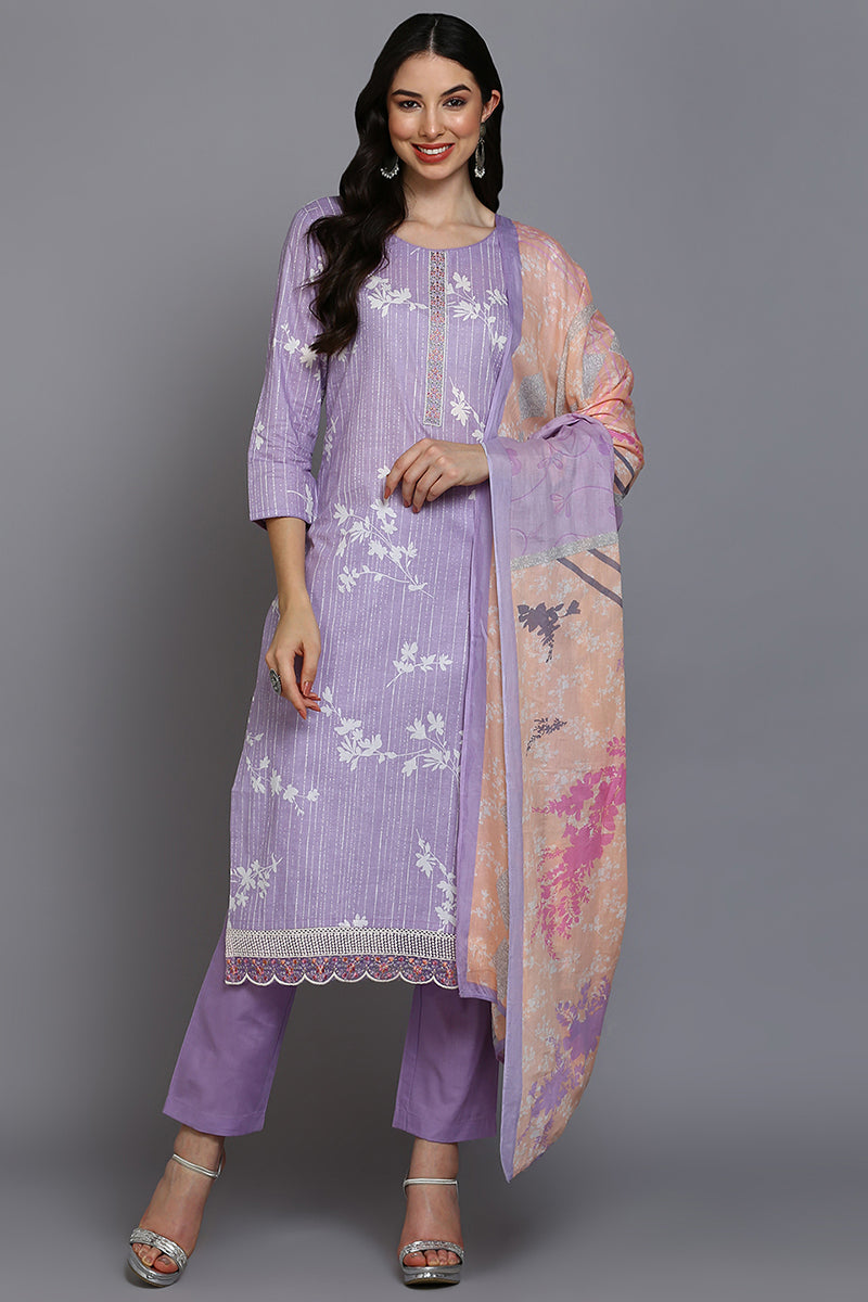 Ahika Lavender Cotton Floral Straight Suit Set VKSKD1881