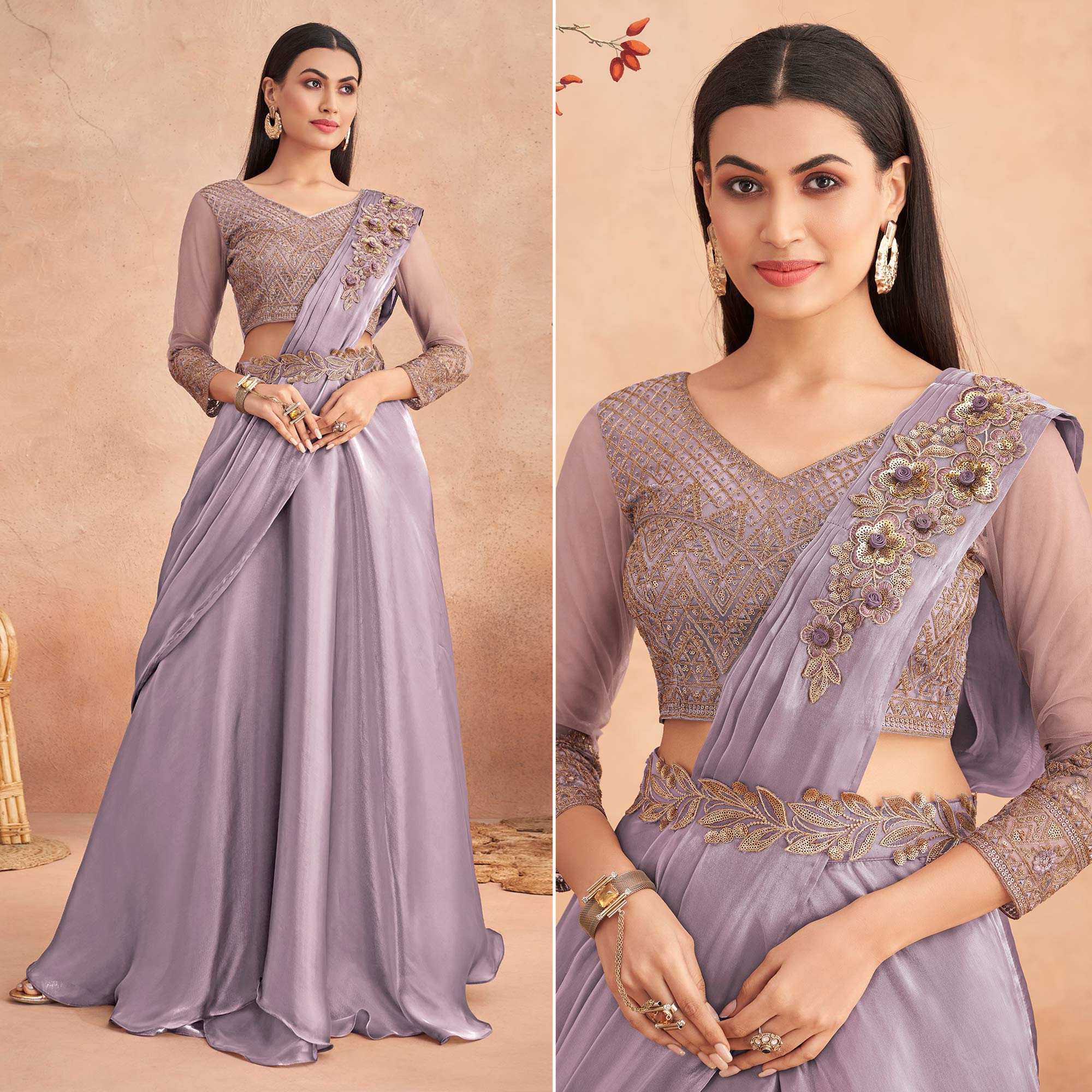 Peachmode Seller Light Purple Sequins Embroidered Ready to Wear Art Silk Saree