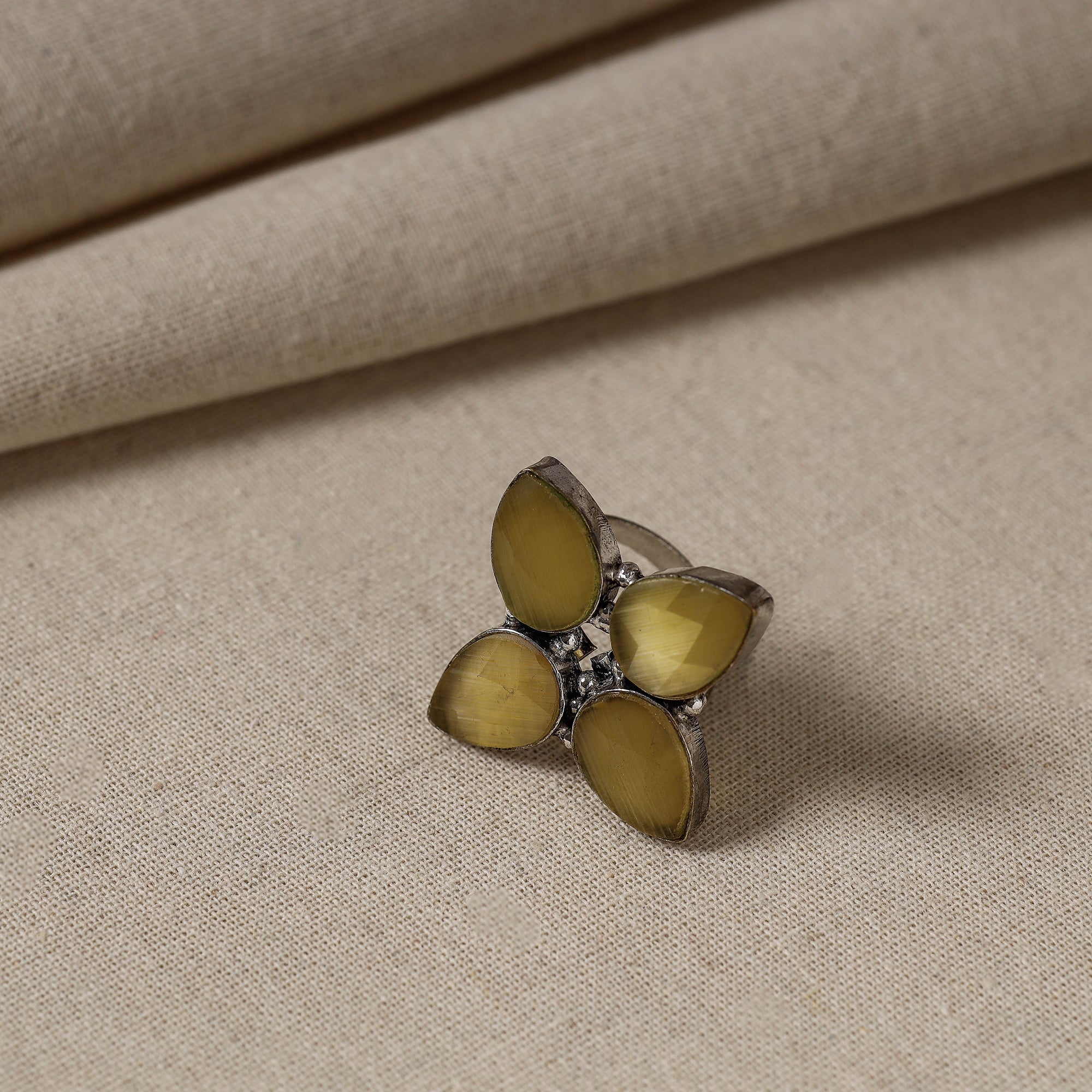 WHITE RIVER STORIES Antique Silver Finish Oxidised Brass Base Stone Work Ring (Adjustable)