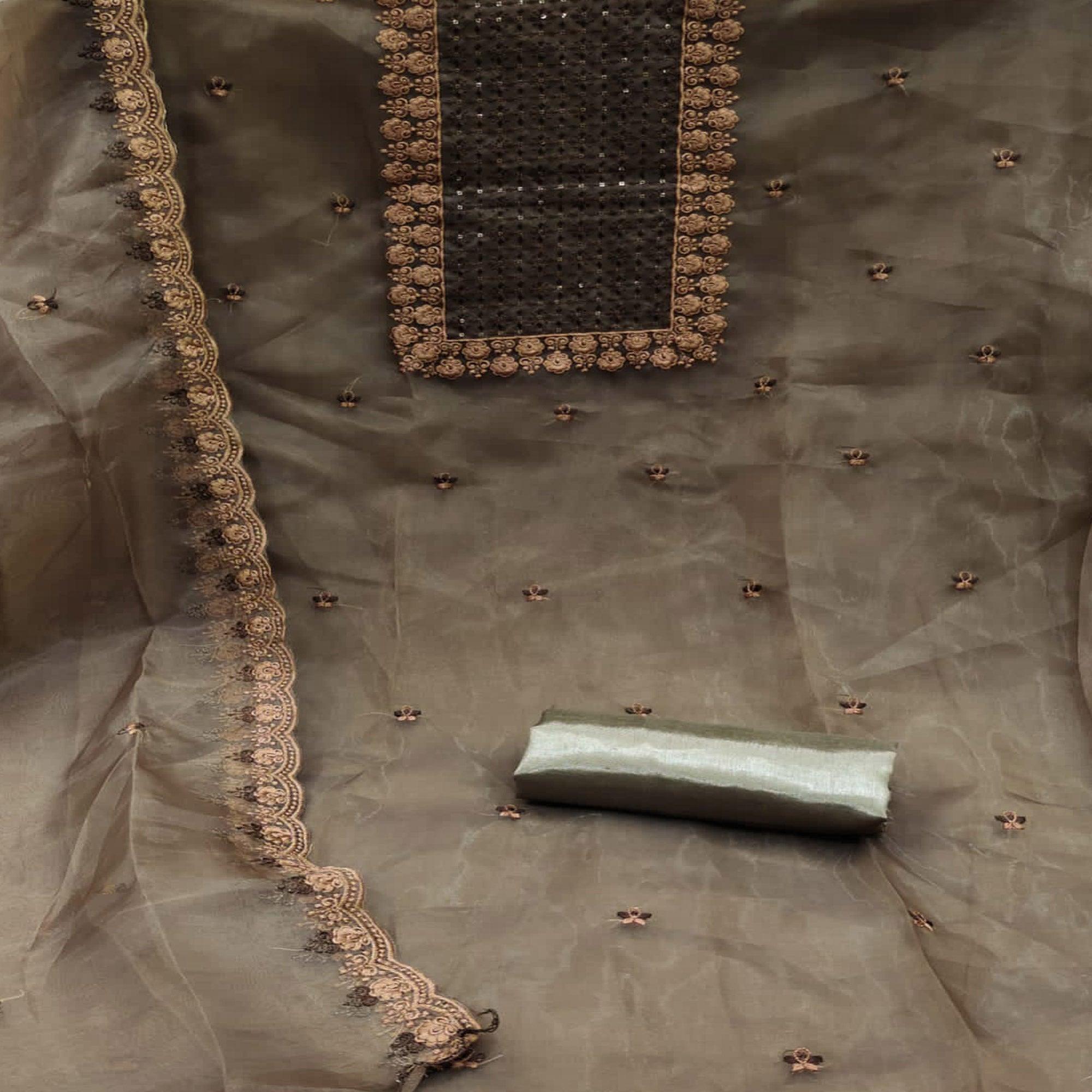 Peachmode Brown Embroidered Organza Dress Material - view 3