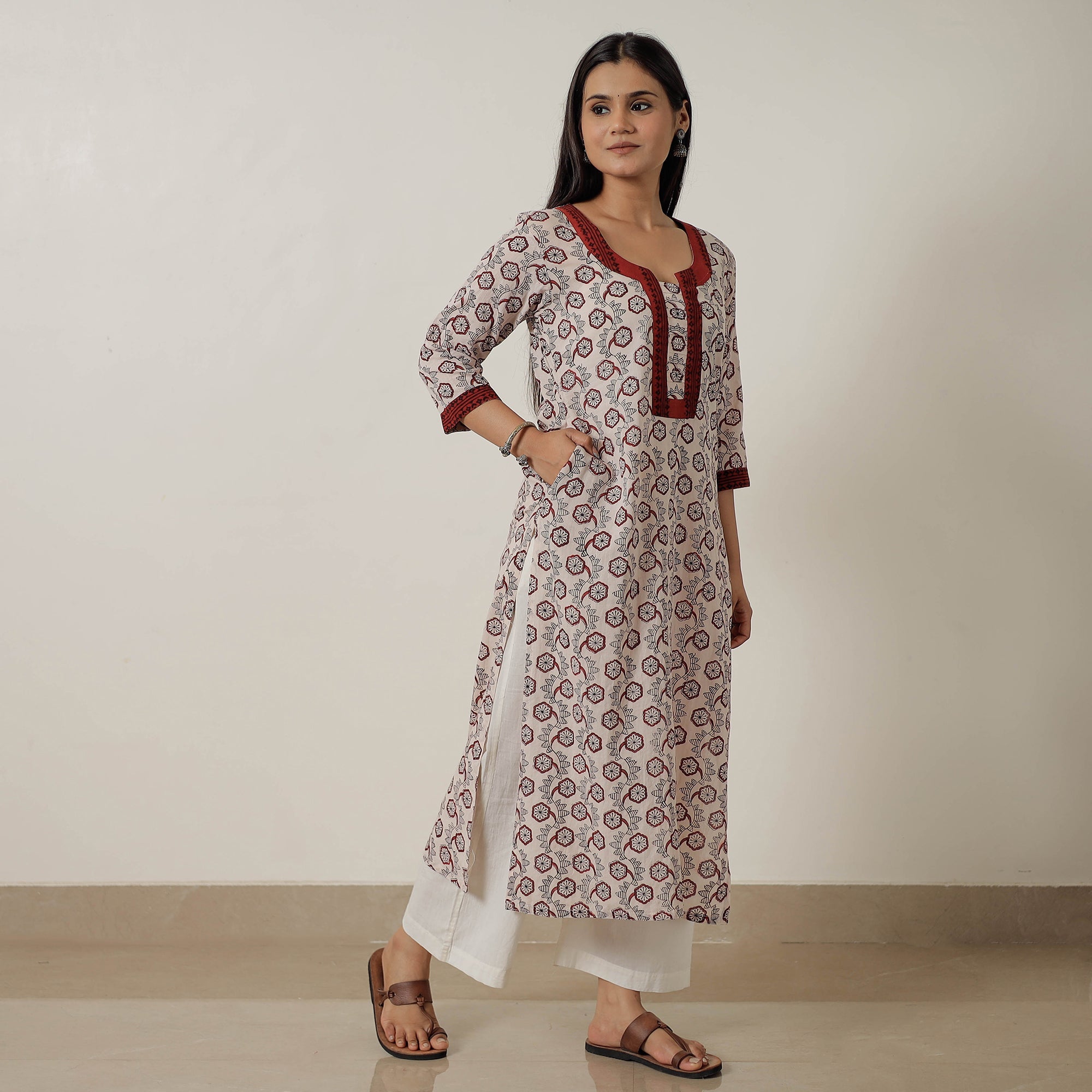 ITOKRI CASUALS Beige - Block Print Mul Cotton Straight Bagh Kurta 08 - view 3