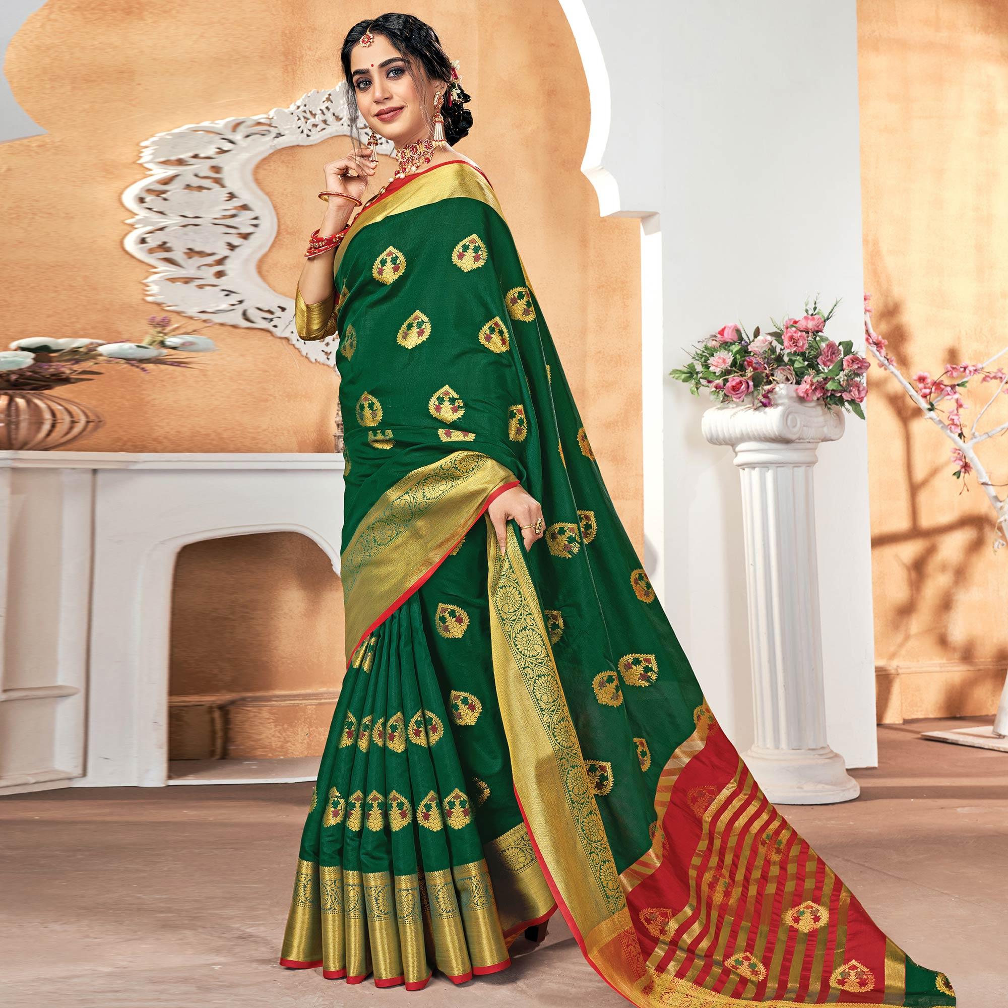 Peachmode Charming Dark Green Colored Festive Wear Woven Silk Saree
