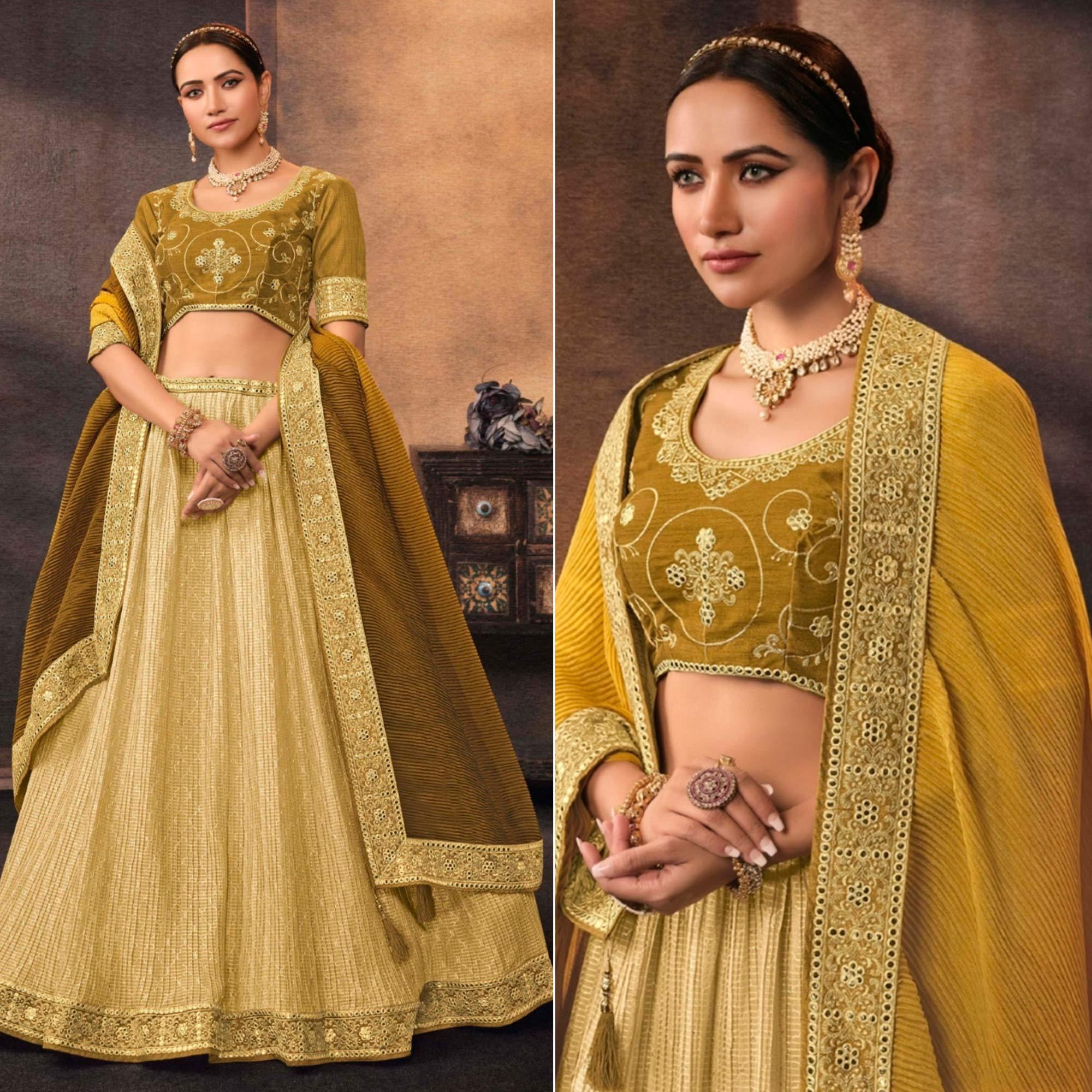 Peachmode Lemon Yellow Embroidered Chiffon Lehenga Choli