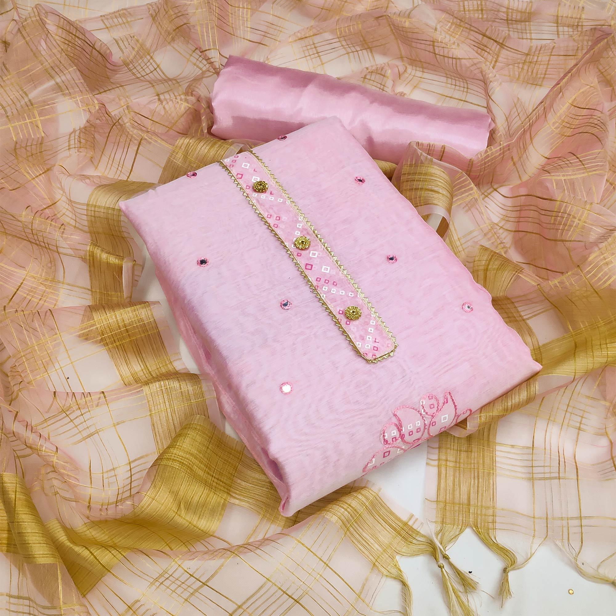 Peachmode Light Pink Festive Wear Gotta Handwork Chanderi Dress Material