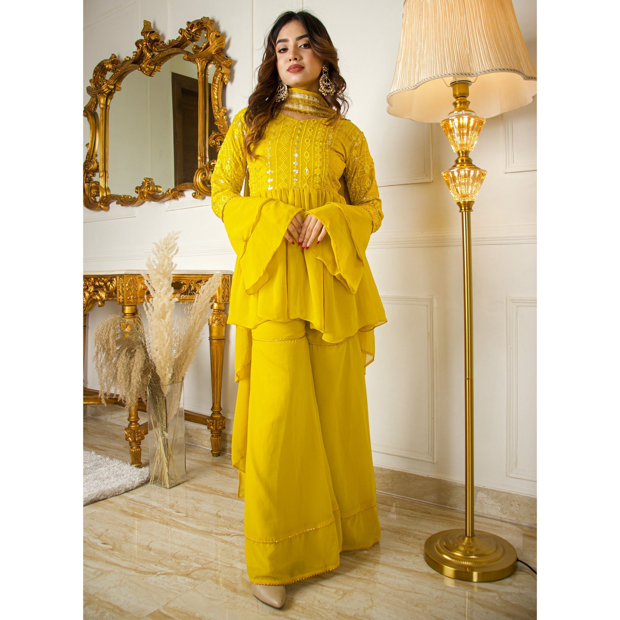 Peachmode Seller Lemon Yellow Sequins Embroidered Georgette Sharara Suit - view 6