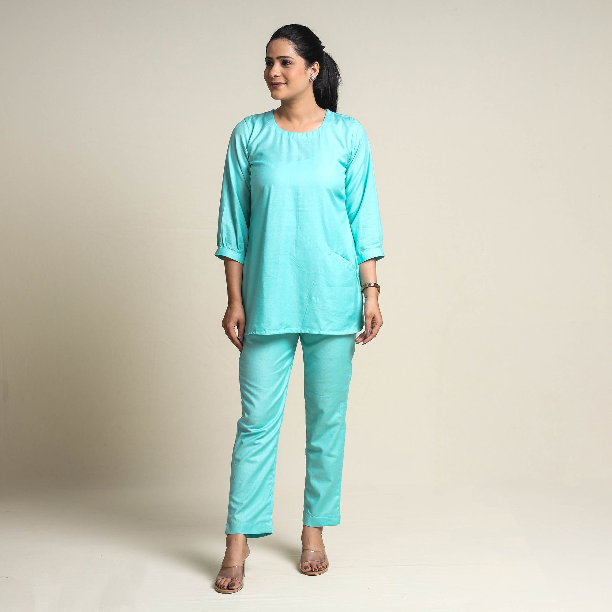 ITOKRI CASUALS Aqua Blue - Plain Linen Cotton Co-Ord Set