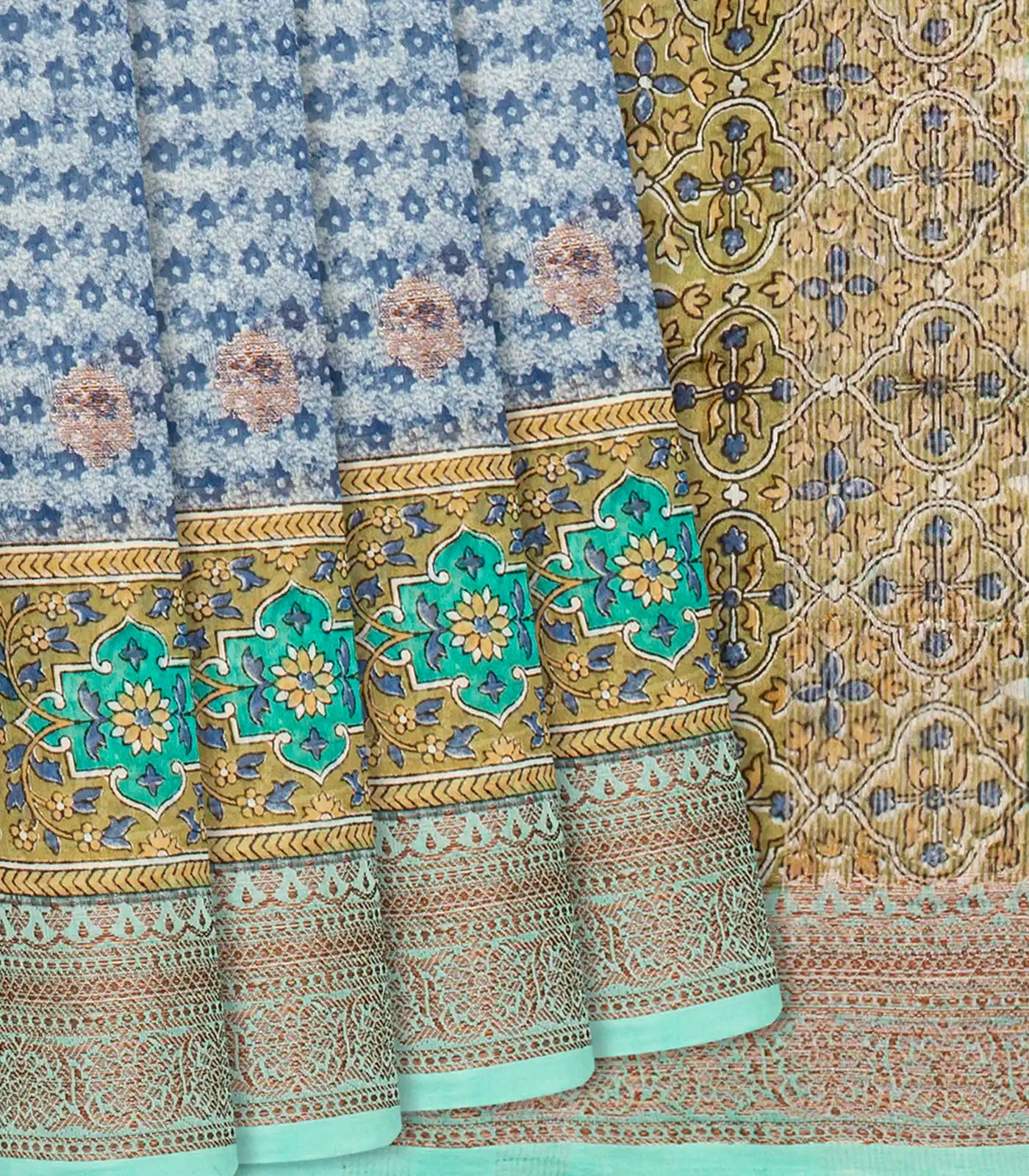 RmKV Light Blue Chanderi Cotton Saree Printed With Floral Motifs & Buttas-Light Blue