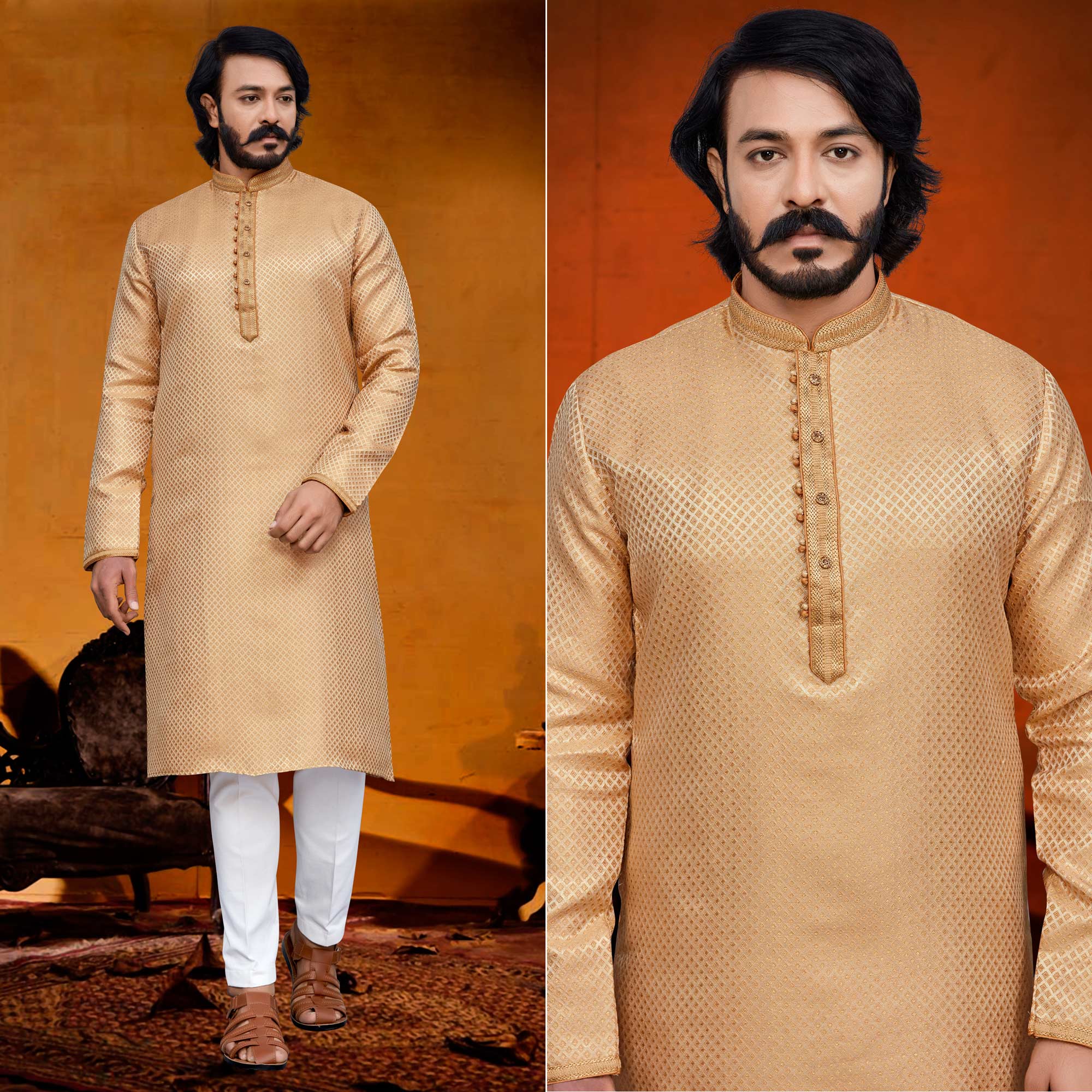 Peachmode Seller Cream Woven Jacquard Kurta Pyjama Set