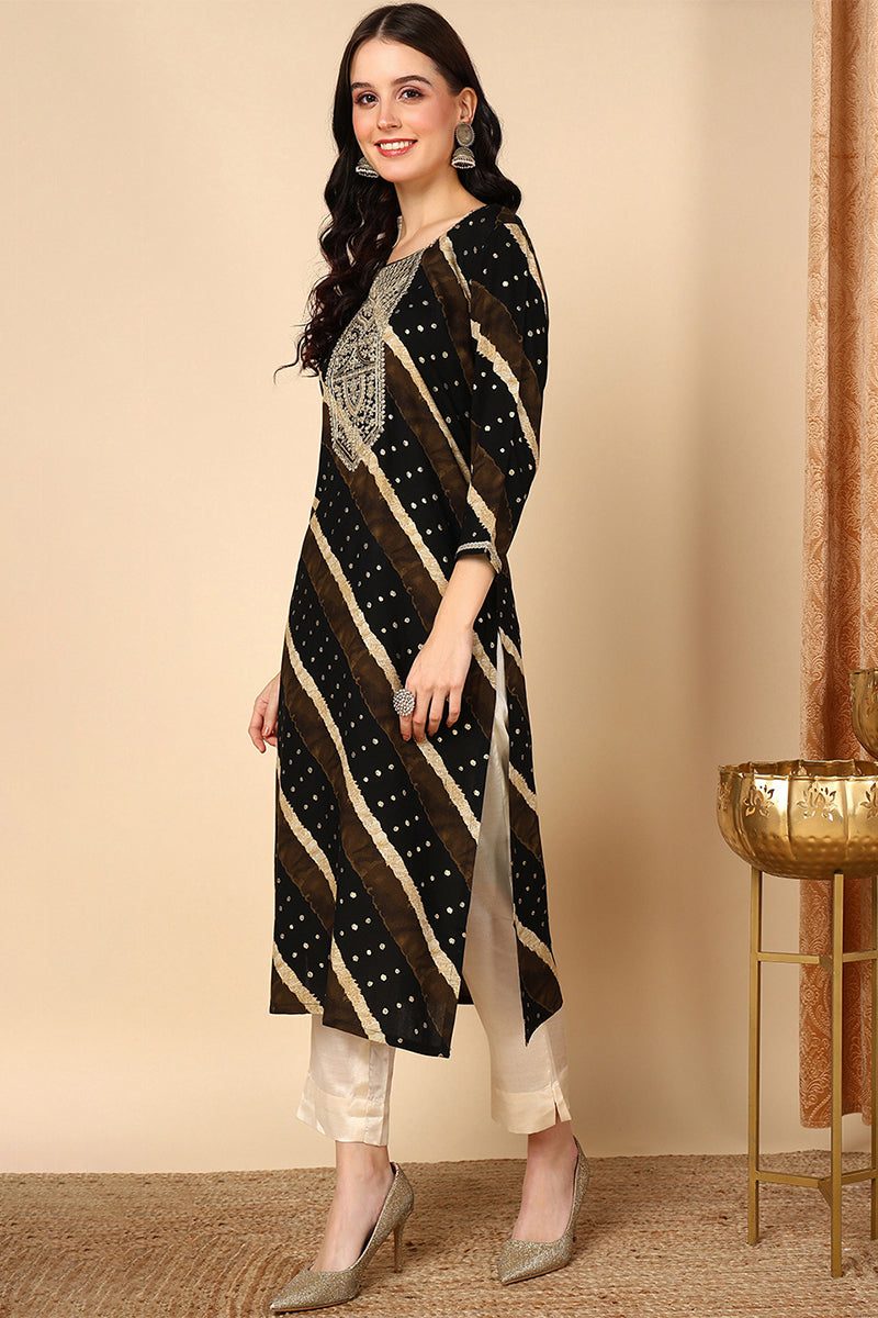 Ahika Plus Size Black Viscose Rayon Leheriya Printed Straight Kurta VCK9684 - view 3
