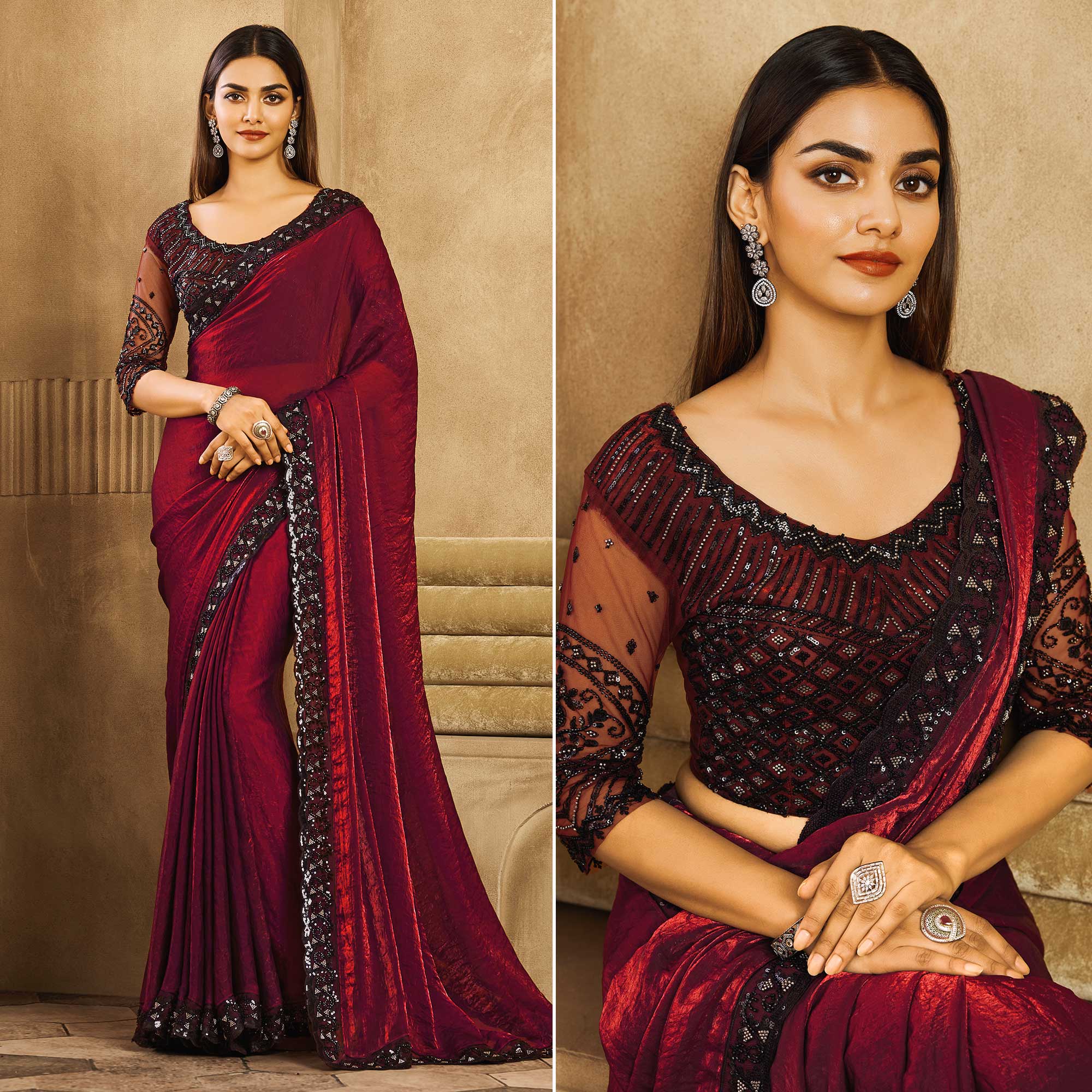Peachmode Magenta Sequins Embroidered Satin Silk Saree