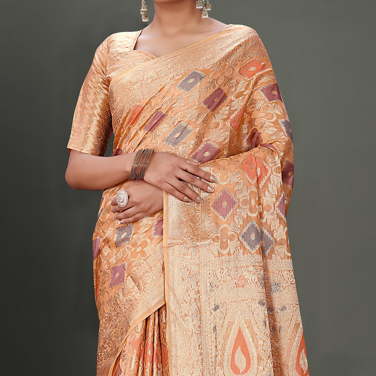 Peachmode Dark Peach Woven Organza Saree With Tassels - view 3