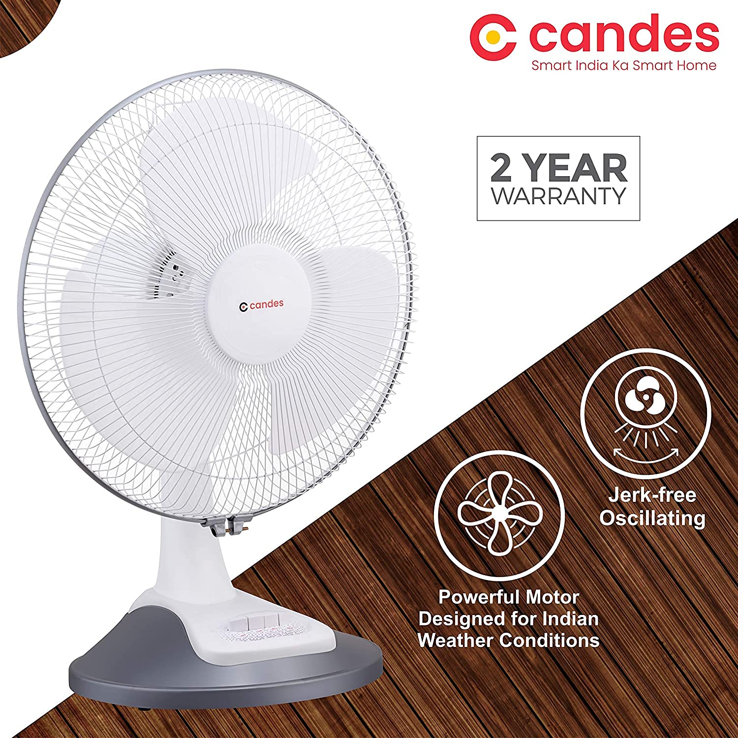 Candes Desker Table Fan for Cooling with Automatic Oscillation (400 MM) 80W (White Silver) - view 2