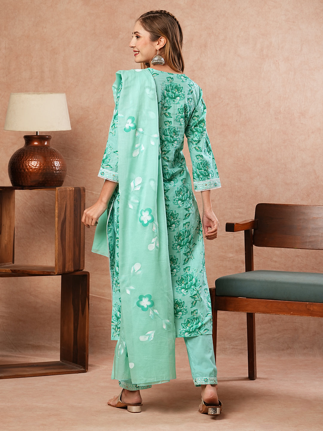 Fashor Floral Printed Zari Embroidered Kurta with Pants & Hand Painted Dupatta - Sea Green - view 6
