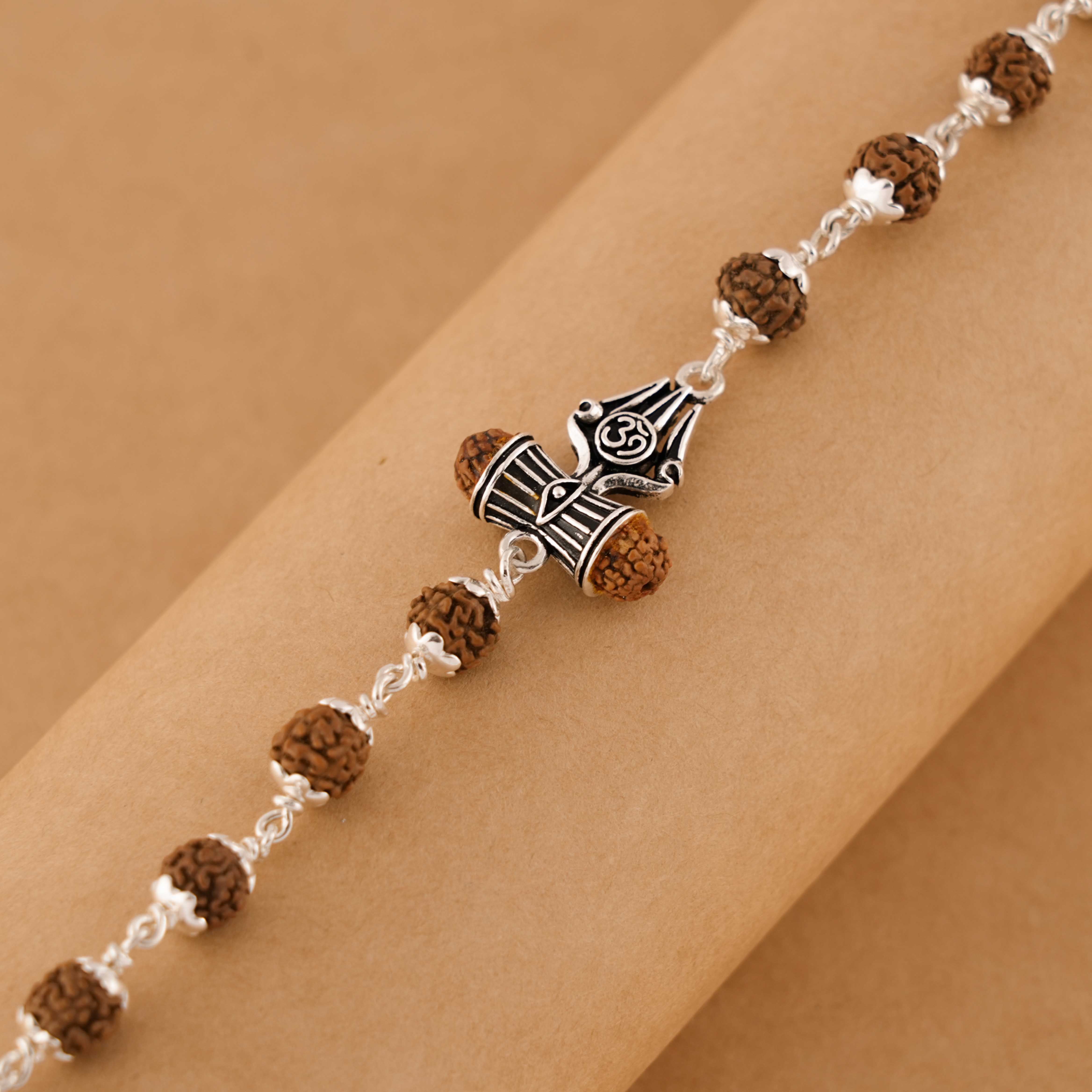 Prinjal Jewellers Rudraksha Silver Om Trishul Bracelet