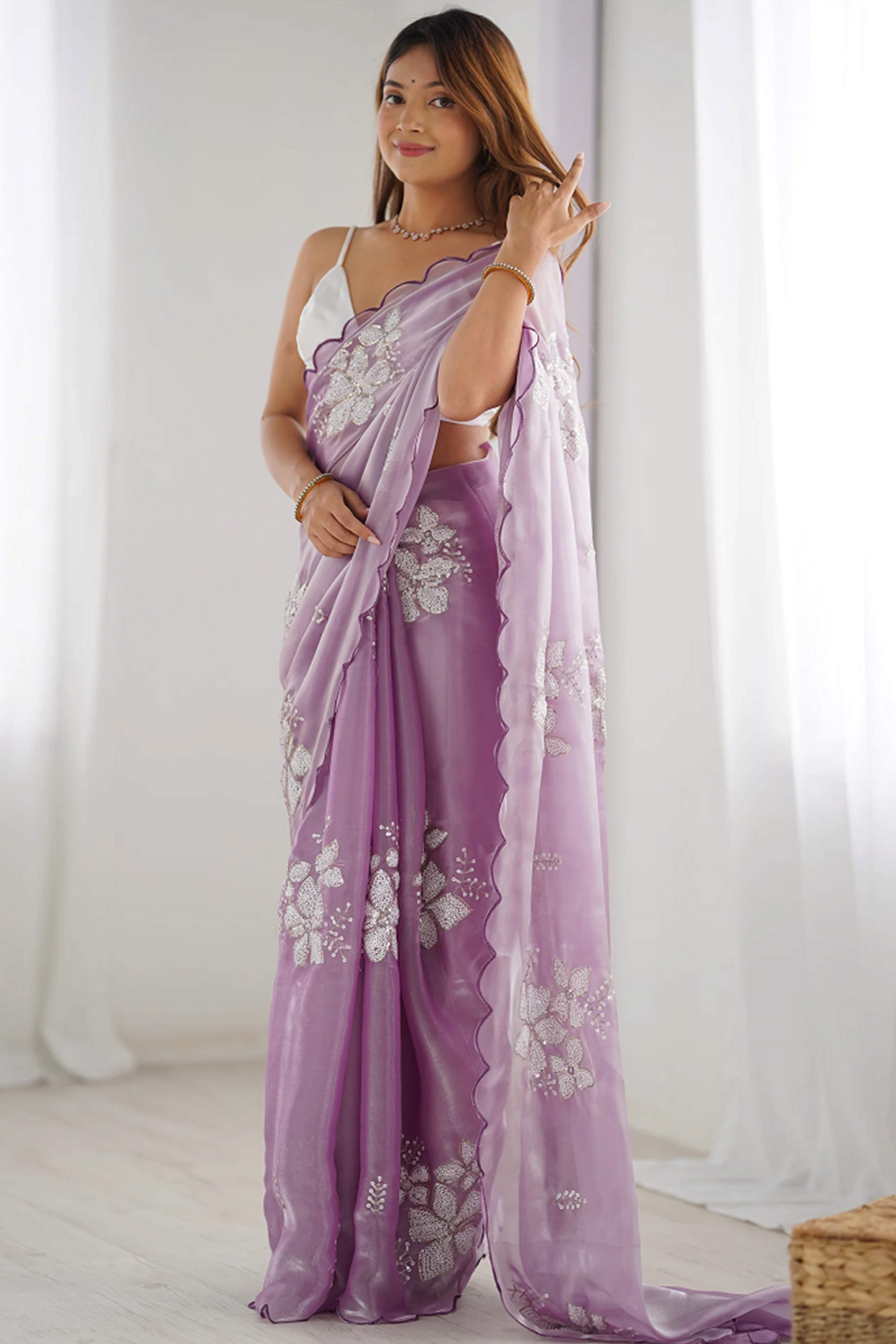 Peachmode Lavender Sequins Floral Embroidered Organza Saree