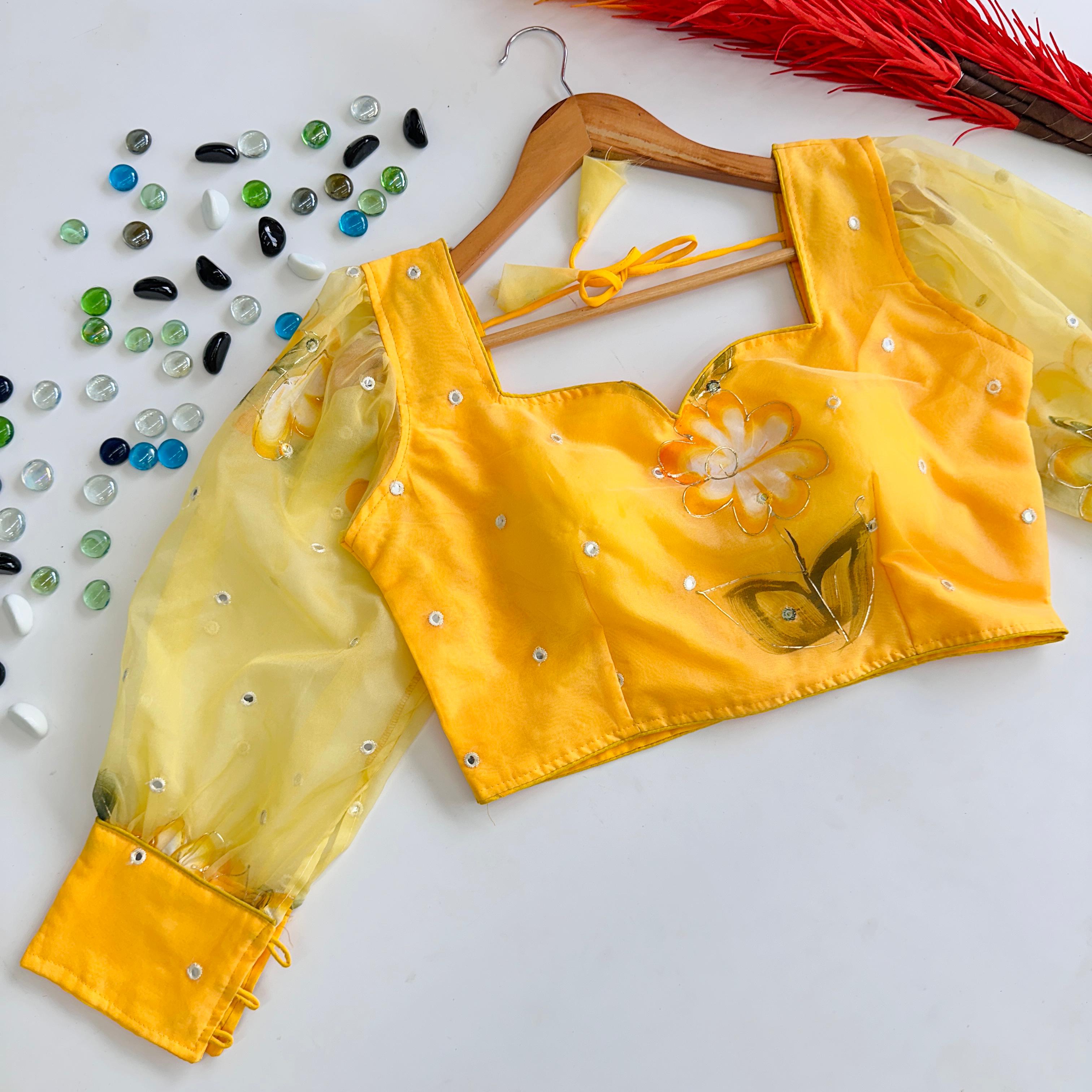 ClothsVilla Yellow Hand-Painted Organza Silk Blouse with Embroidery Accents - view 2