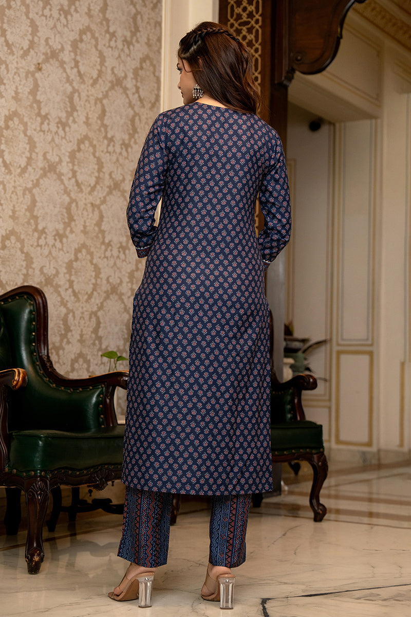 Ahika Navy Blue Rayon Blend Ajrakh Printed Straight Trouser Suit Set PKSKD2647 - view 8