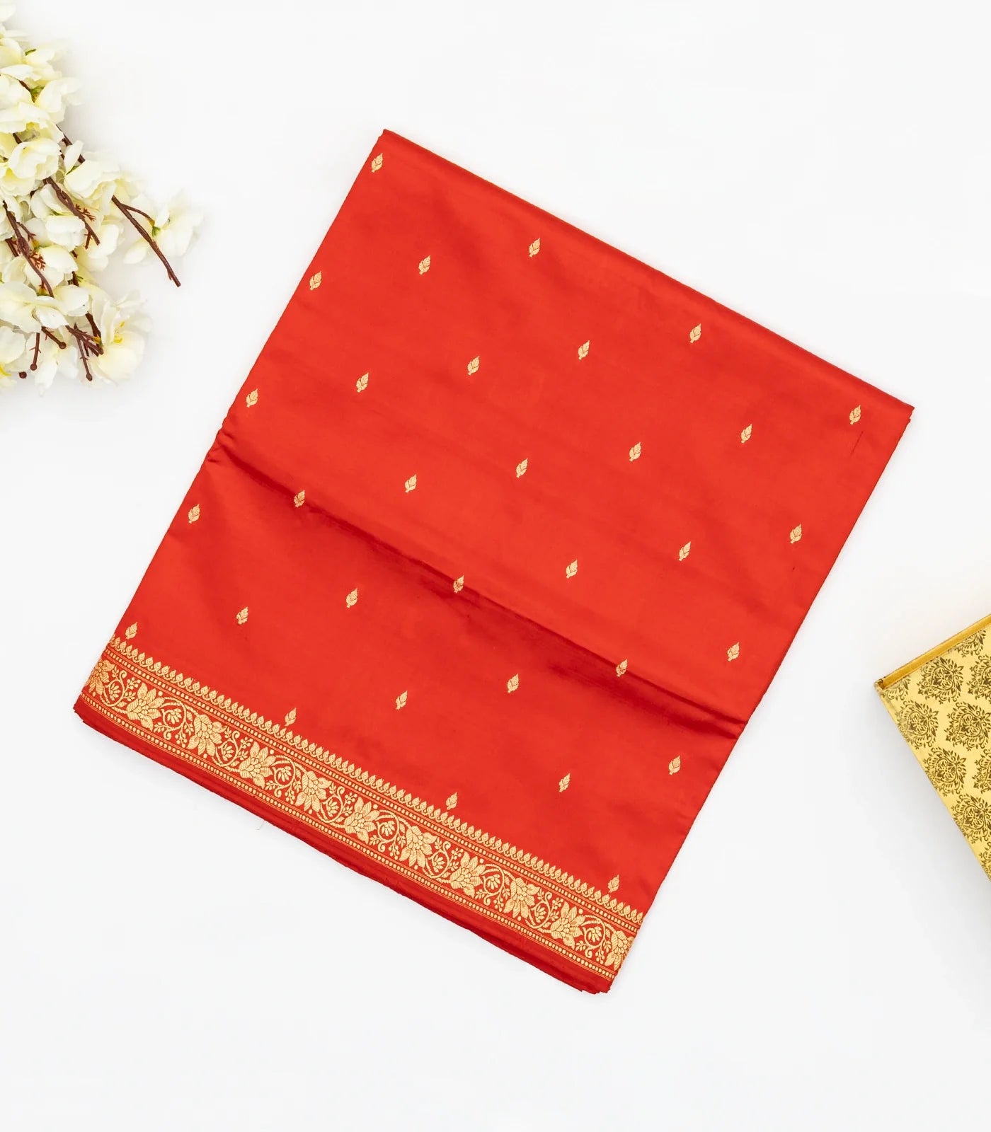 RmKV Red Banarasi Silk Saree With Floral Motifs