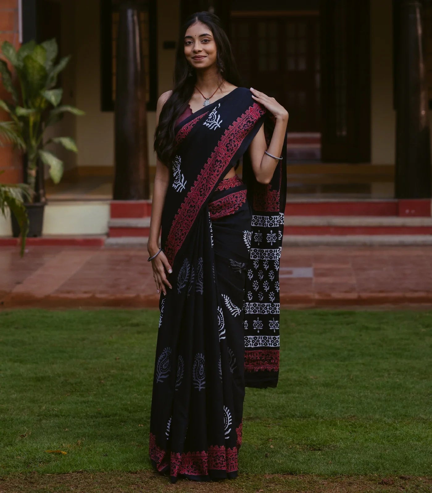 RmKV Black Jaipur Cotton Saree With Printed Mango Motifs