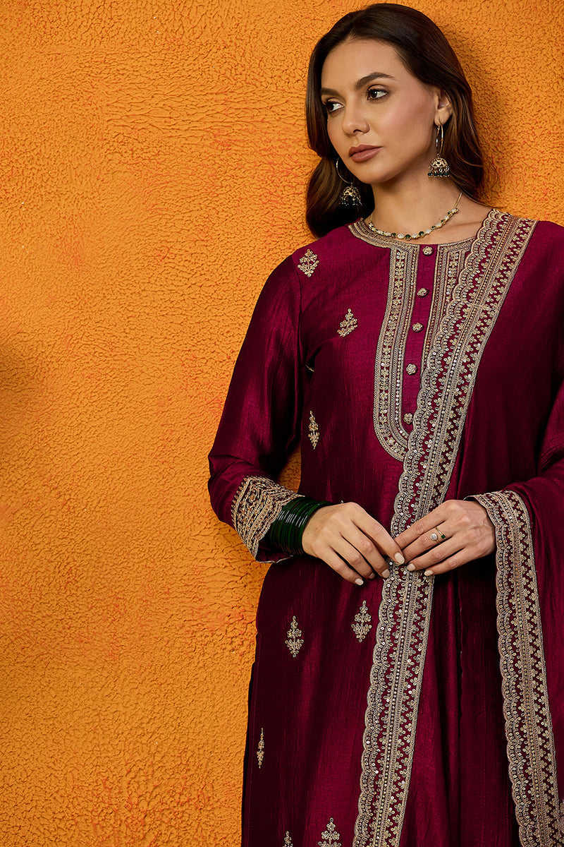 Ahika Maroon Silk Blend Solid Embroidered Straight Suit Set PKSKD2442 - view 2