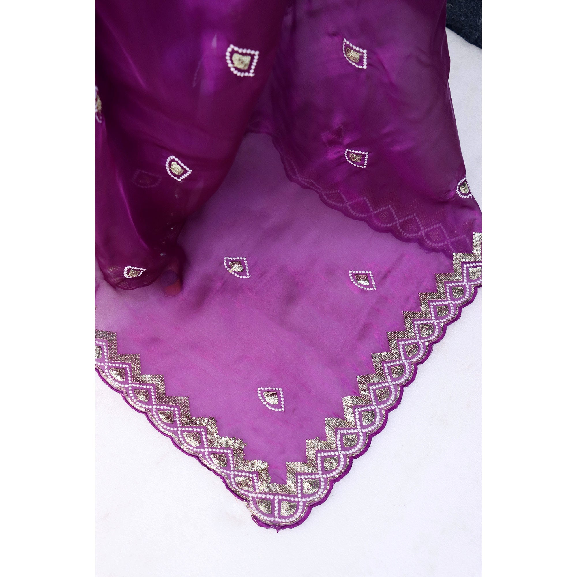 Peachmode Magenta Sequins Embroidered Satin Saree - view 5