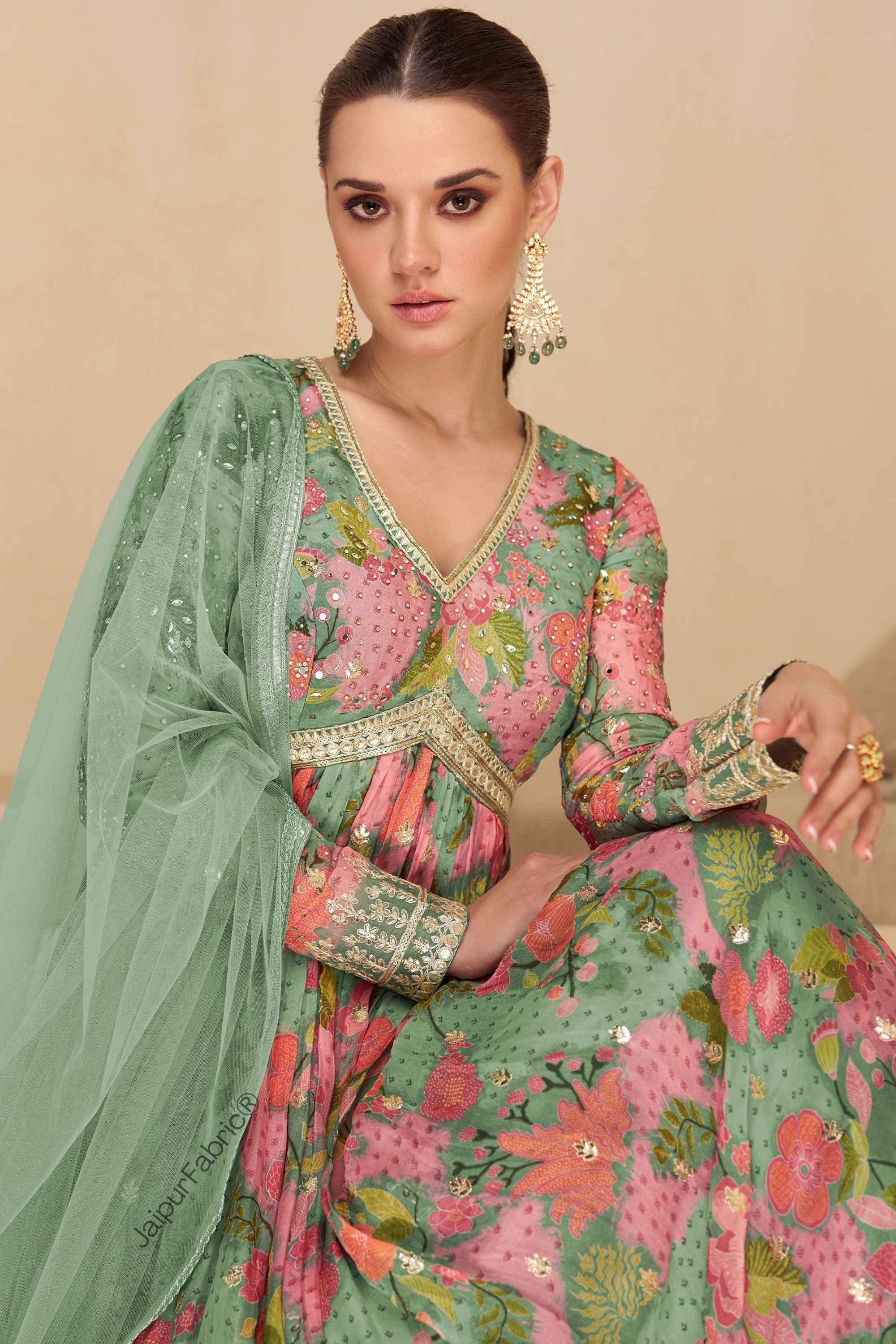JaipurFabric® Mint Green Heavy Designer Digital Print Work Festive Special Anarkali Gown