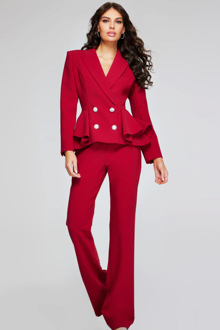Jovani 39374 Long Pleated Formal Jumpsuit – Cranberry