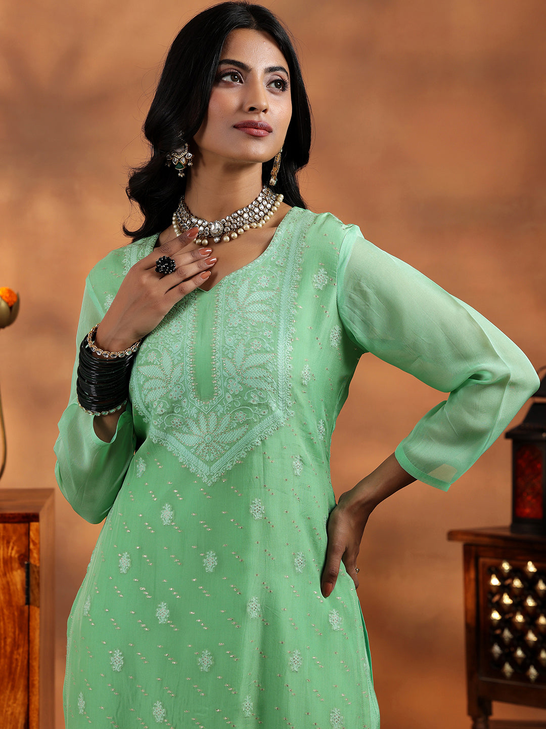 Libas Green Embroidered Organza Straight Suit With Dupatta - view 5