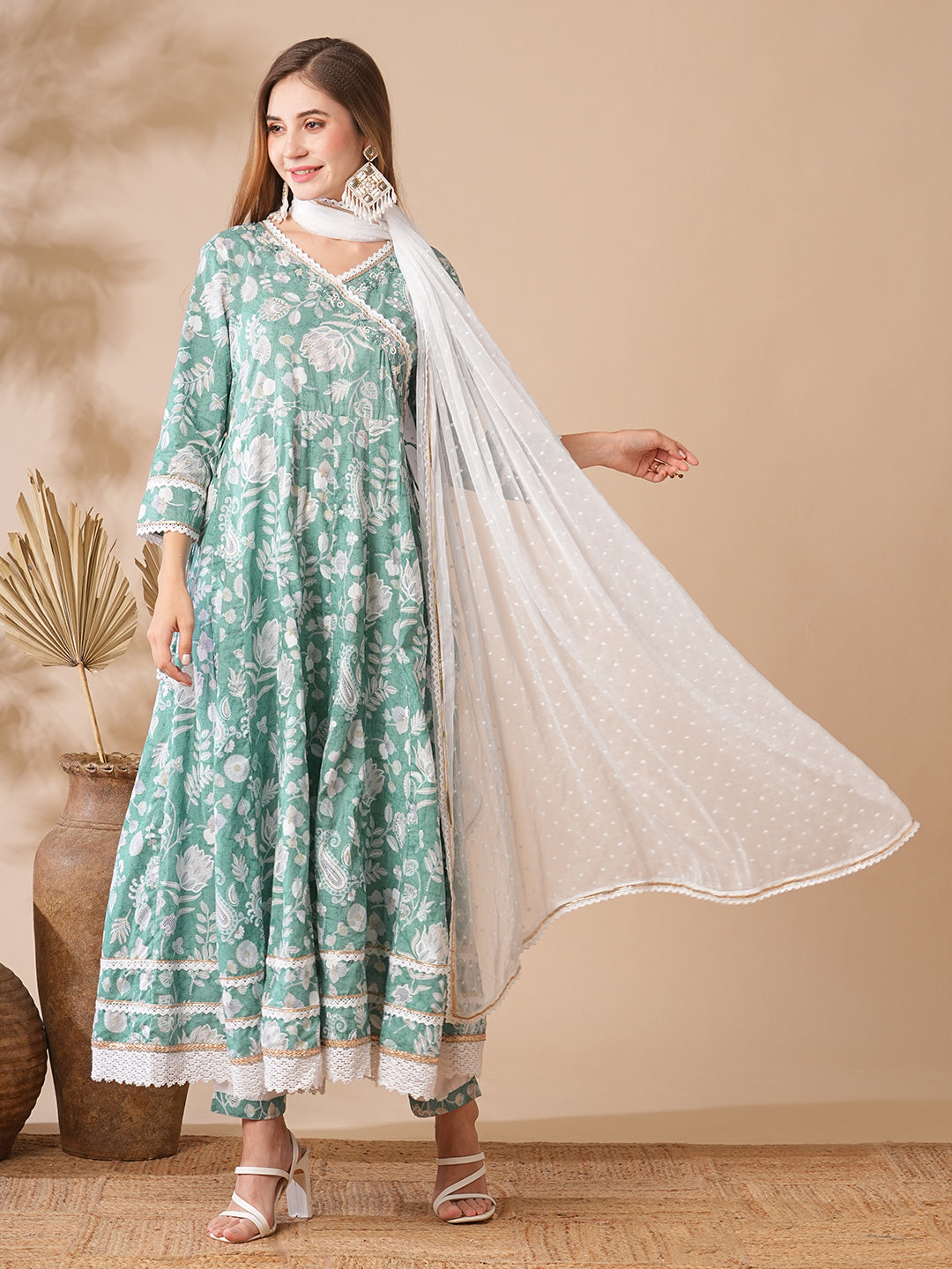 Fashor Floral Printed Stones & Pearl Embroidered Anarkali Kurta with Pants & Dupatta - Green