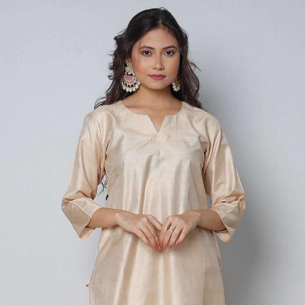 ITOKRI CASUALS Beige - Tussar Silk Plain Long Straight Kurta