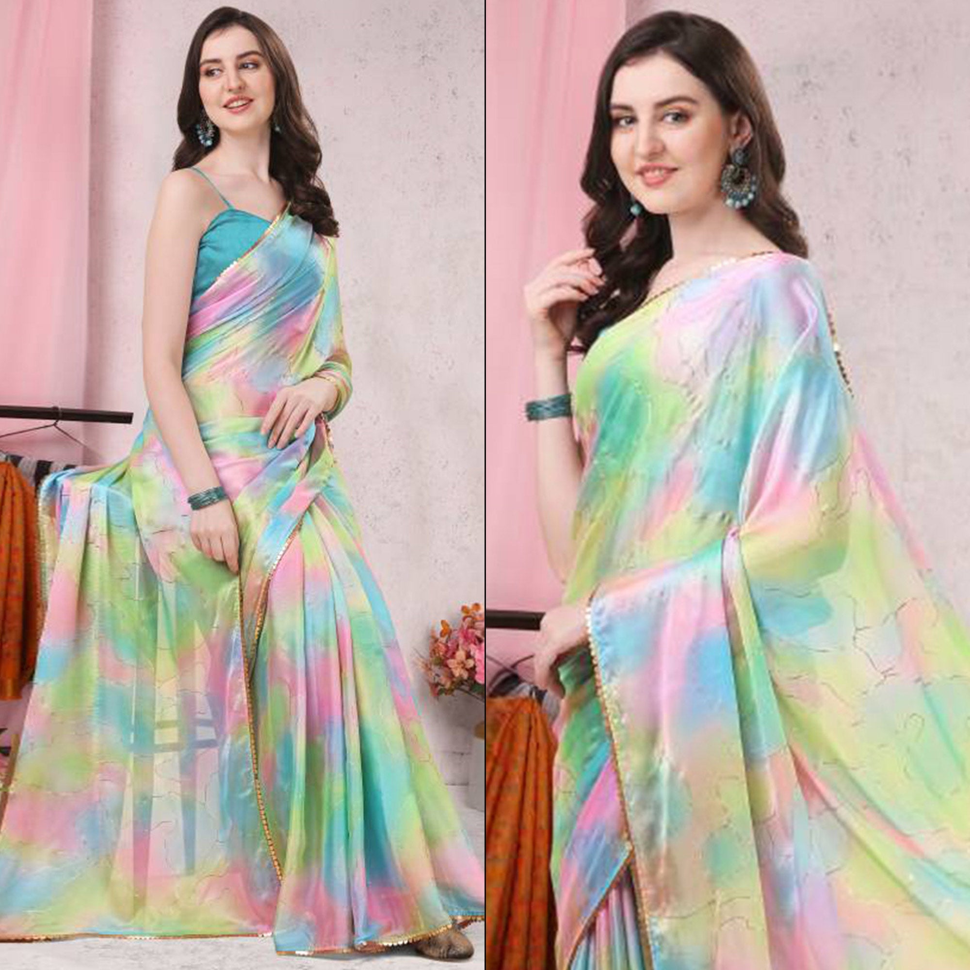 Peachmode Multicolor Foil Printed Chiffon Saree With Fancy Border