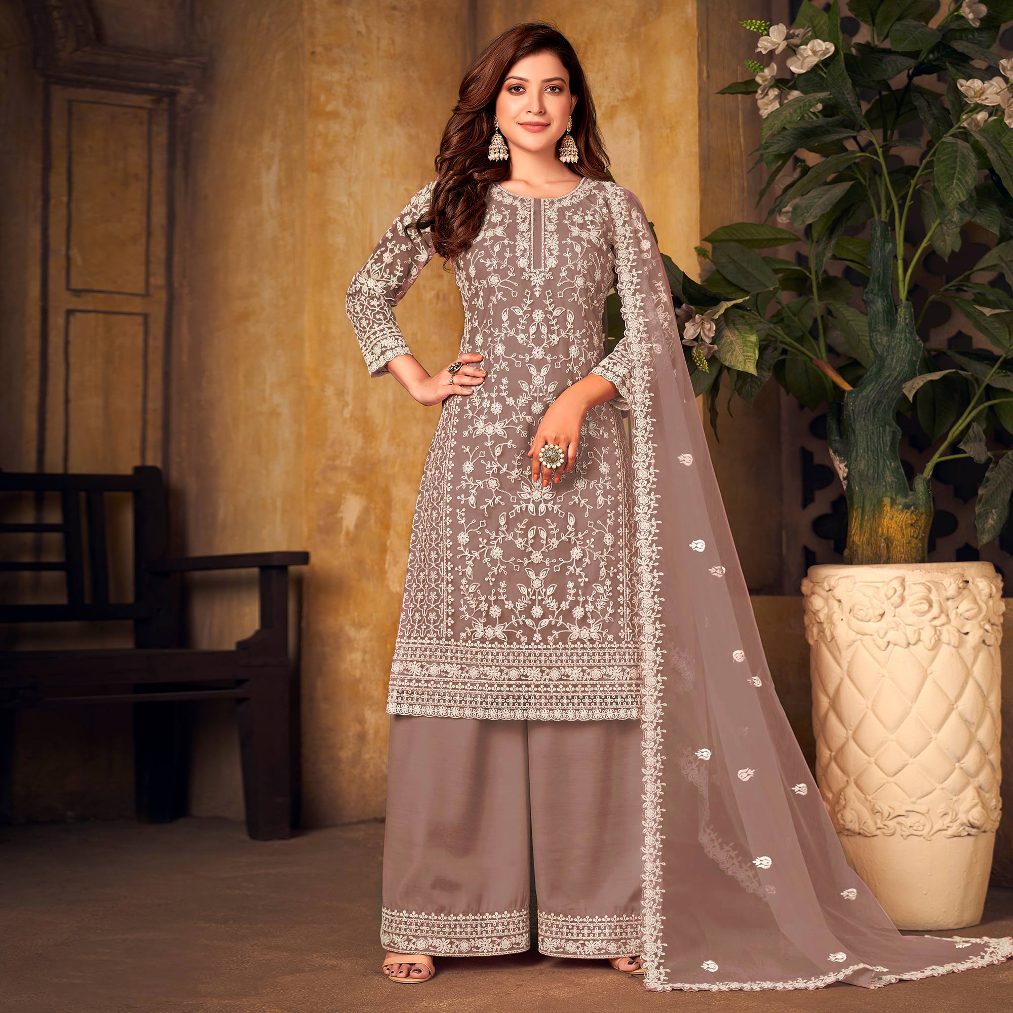 Peachmode Dusty Brown Floral Embroidered Net Semi Stitched Suit - view 2