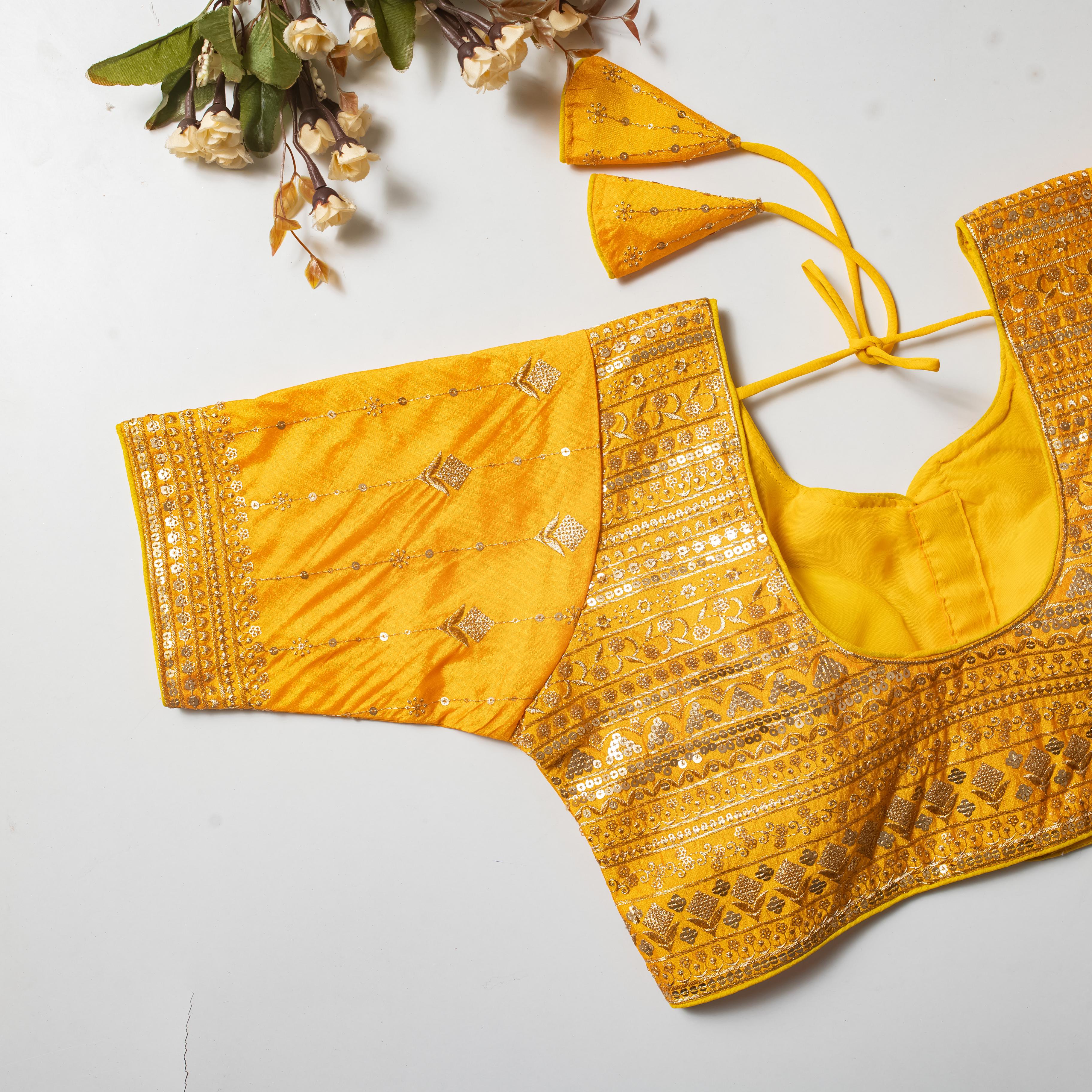 ClothsVilla Yellow Golden Embroidered Vibrant Silk Blouse with Sequins