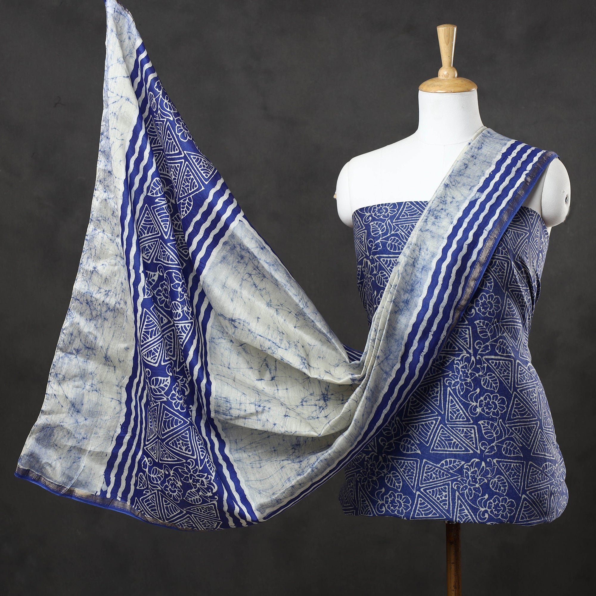 KACHCHH JI CHHAAP Blue - 2pc Maheshwari Silk Hand Batik Print Dress Material