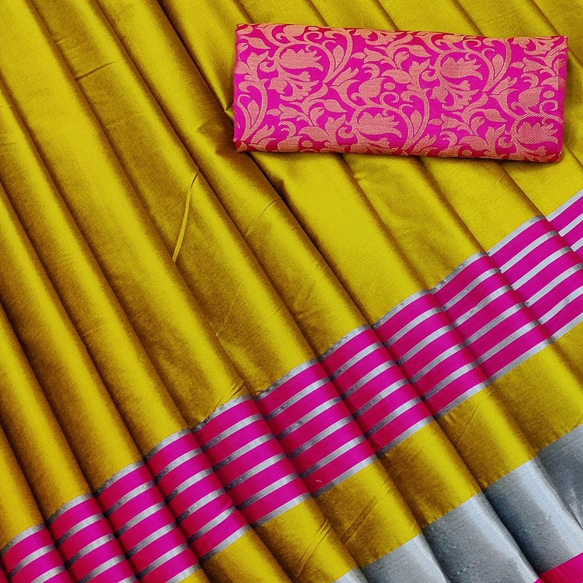 Peachmode Lovely Mustard Coloured Casual Wear Zari Border Cotton Saree - view 2